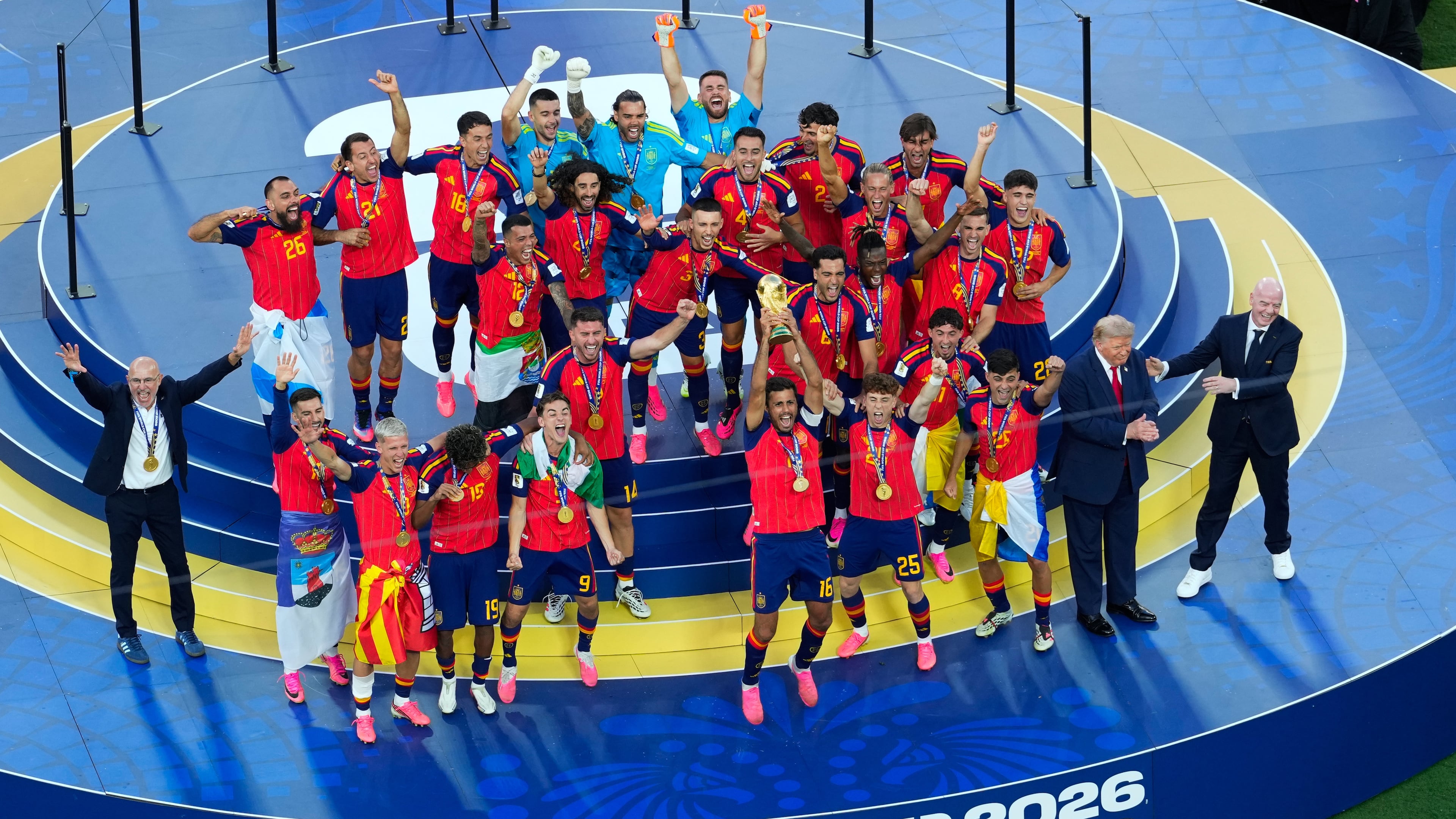 Spain players celebrate after the World Cup final soccer match between Spain and Argentina in East Rutherford, N.J., near New York, Sunday, July 19, 2026. (AP Photo/Yuki Iwamura)