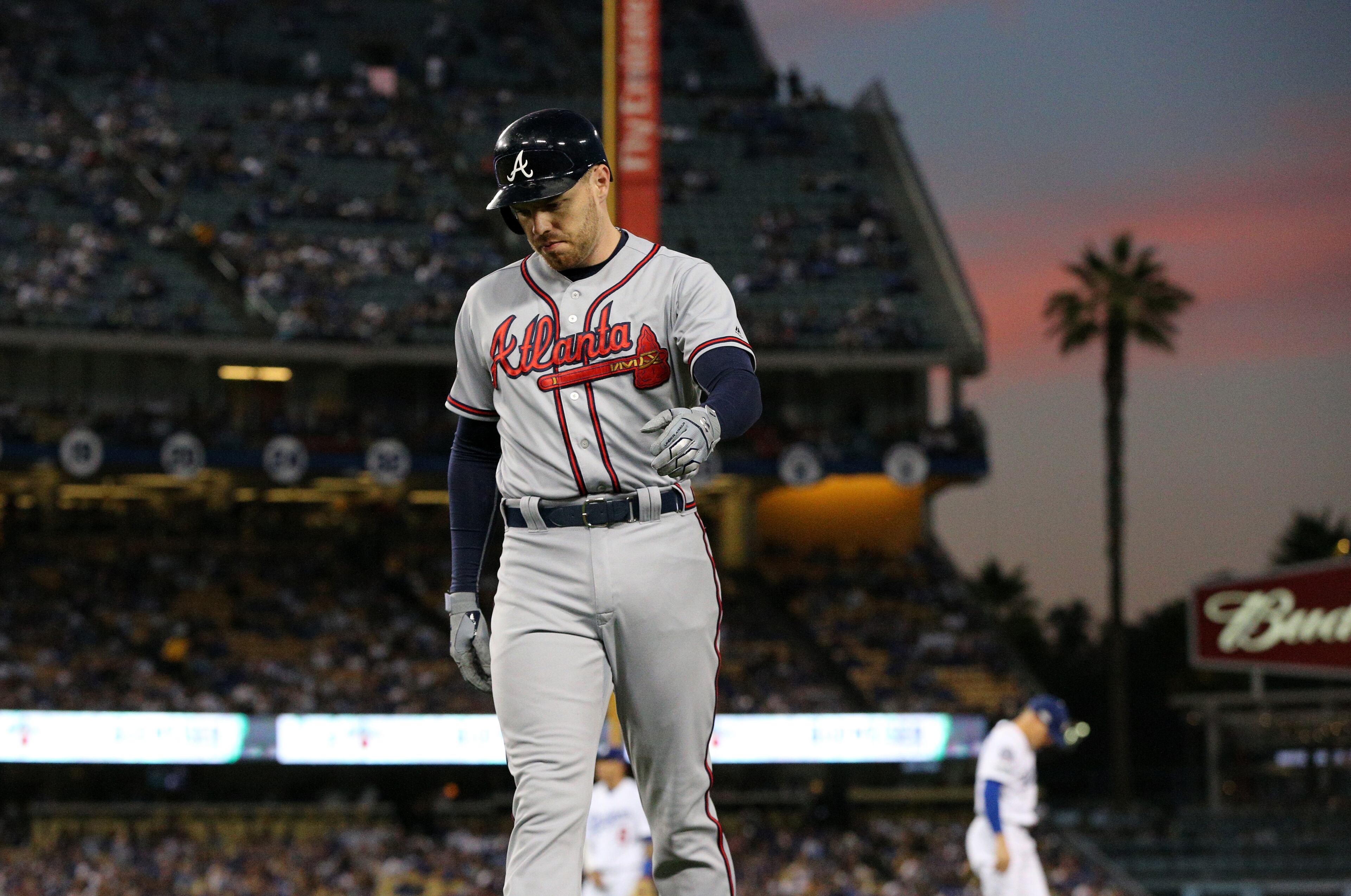 October 5, 2018 - Los Angeles: Atlanta Braves first baseman Freddie Freeman reacts after grounding out in the first inning with left fielder Ronald Acuna (not pictured) on third base against the Los Angeles Dodgers in Game 2 of a National League Division Series baseball game Friday, October 5, 2018, in Los Angeles. The Dodgers won 3-0. Curtis Compton/ccompton@ajc.com