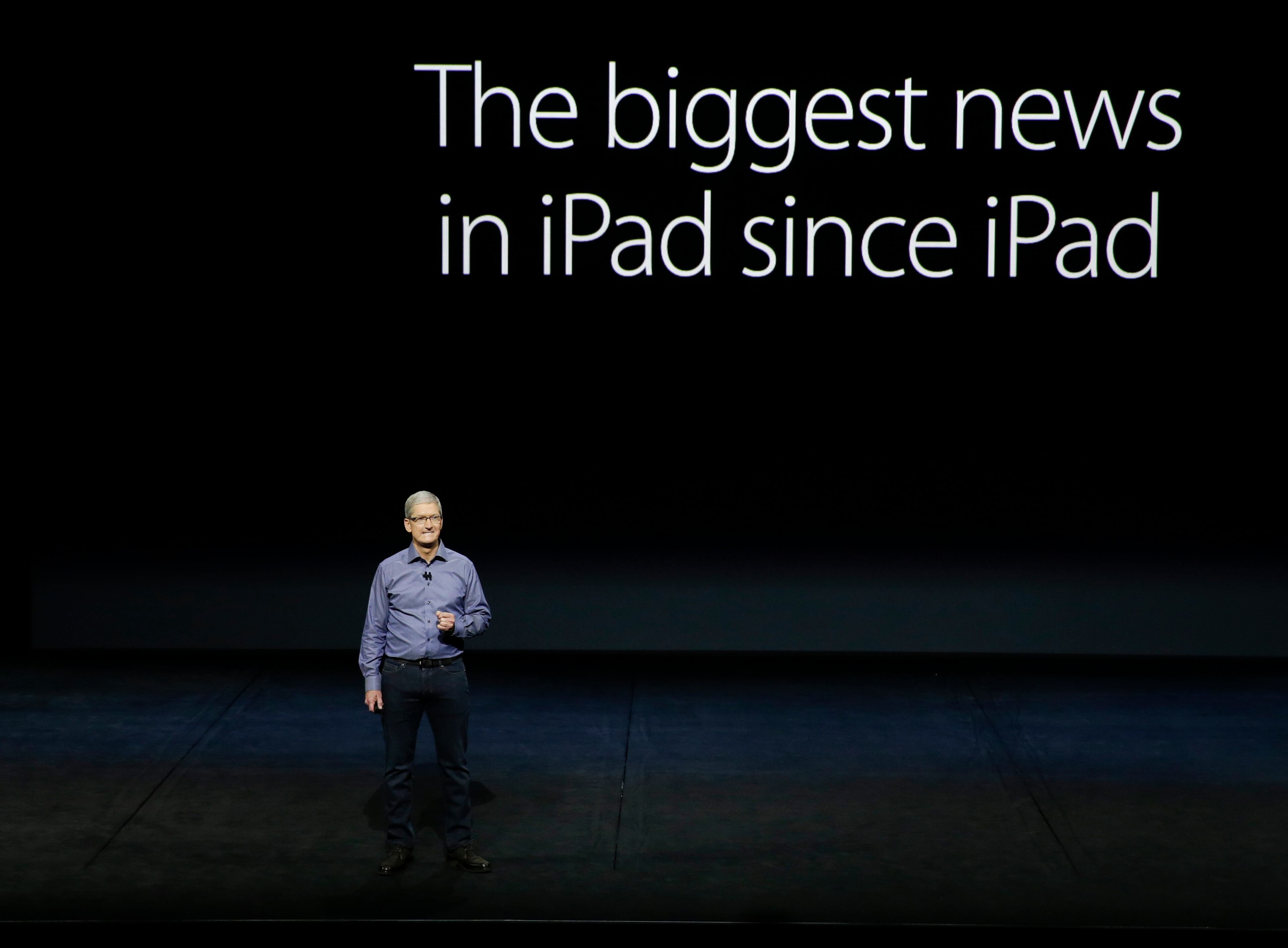 Apple CEO Tim Cook discusses the new iPad during the Apple event at the Bill Graham Civic Auditorium in San Francisco, Wednesday, Sept. 9, 2015. (AP Photo/Eric Risberg)