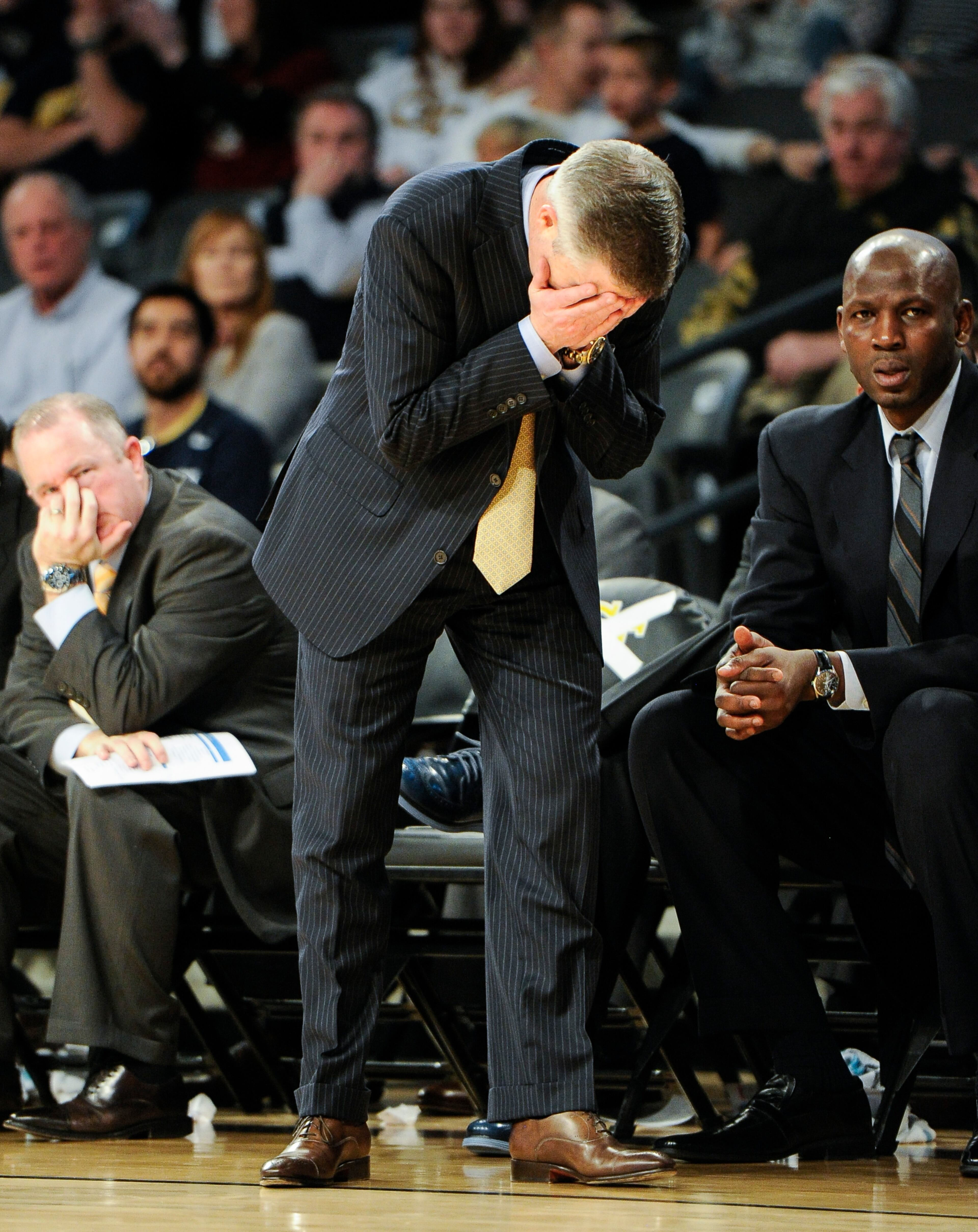 Georgia Tech head coach Brian Gregory reacts after a foul call against his team.