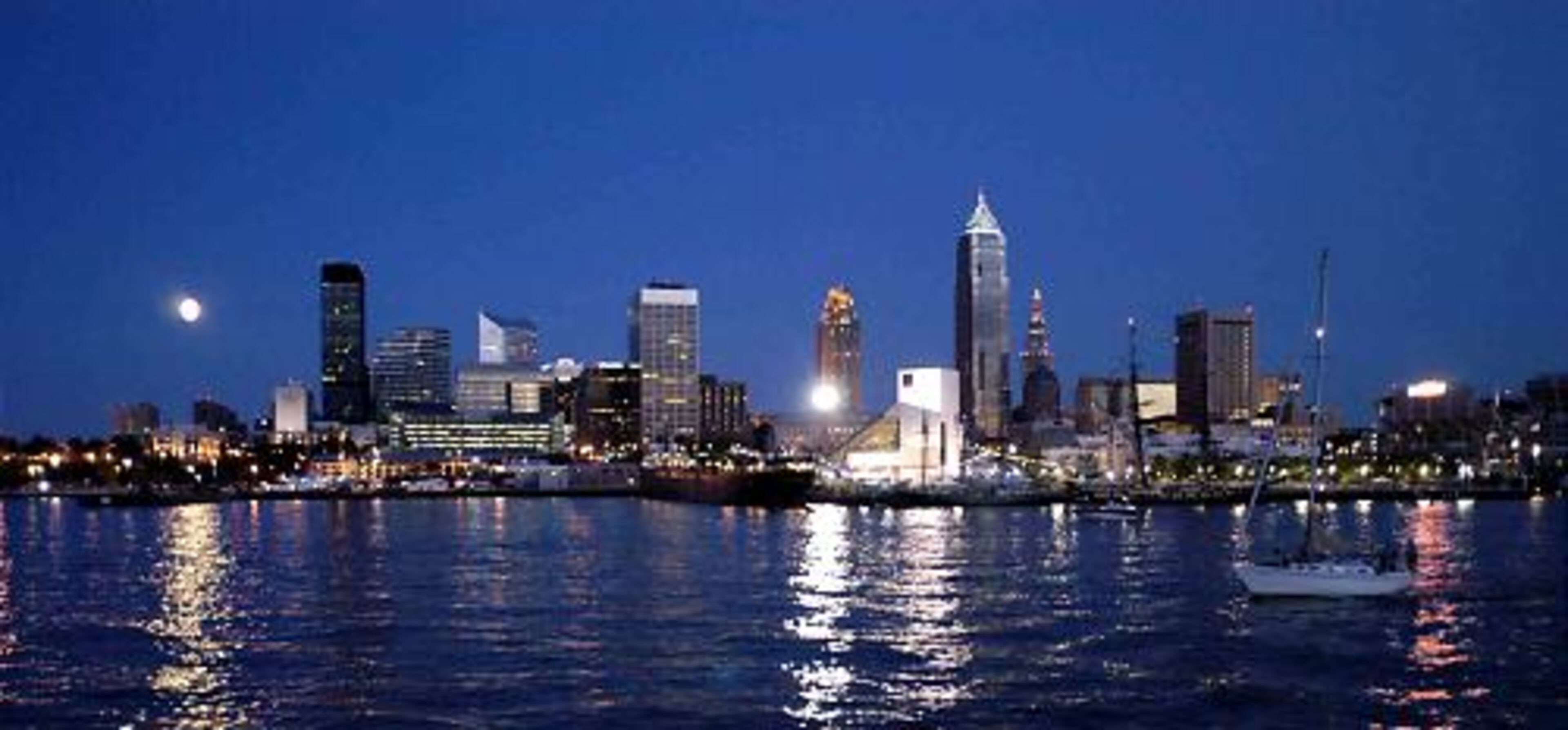 Cleveland's beautiful skyline at night features Key Tower, the tallest building between New York City and Chicago; the BP Building; and the Terminal Tower, the second tallest building in the world when it opened in 1930 at 52 stories high.