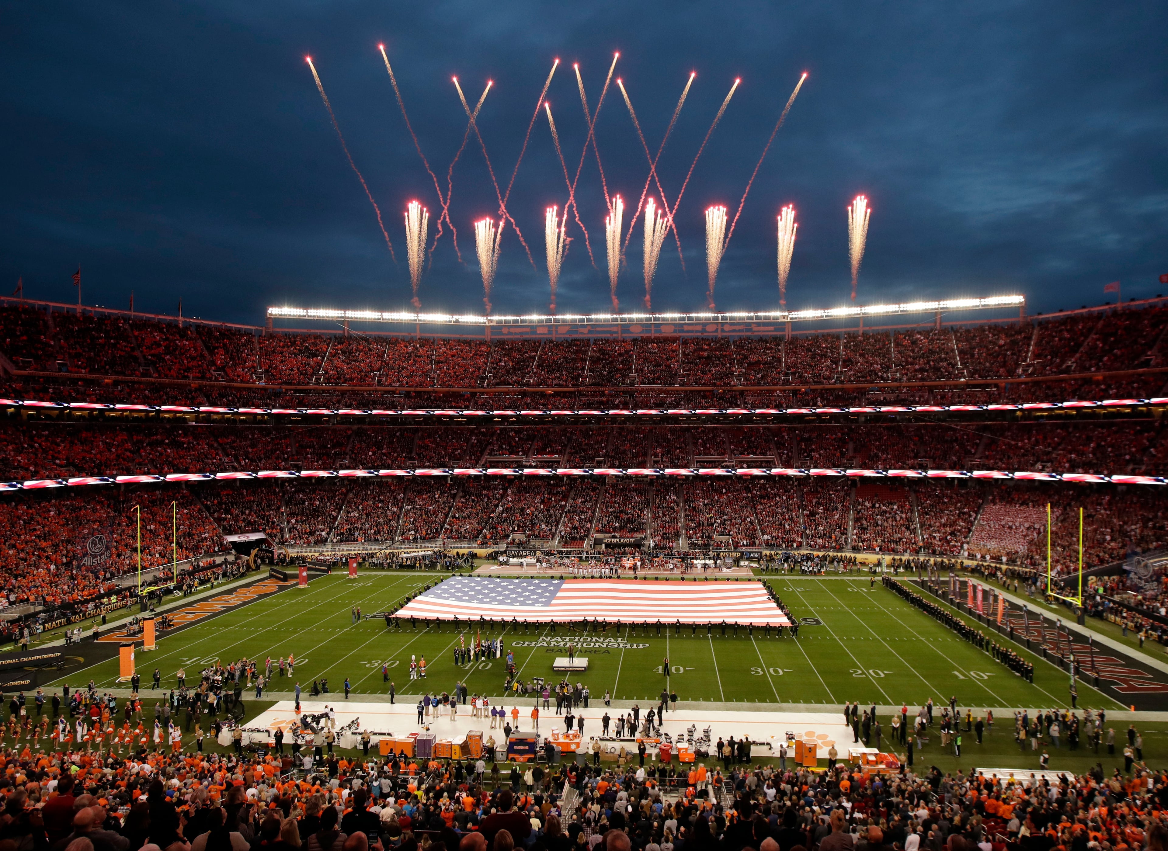 Andy Grammers sings the national anthem before the NCAA college football playoff championship game between Alabama and Clemson, Monday, Jan. 7, 2019, in Santa Clara, Calif.