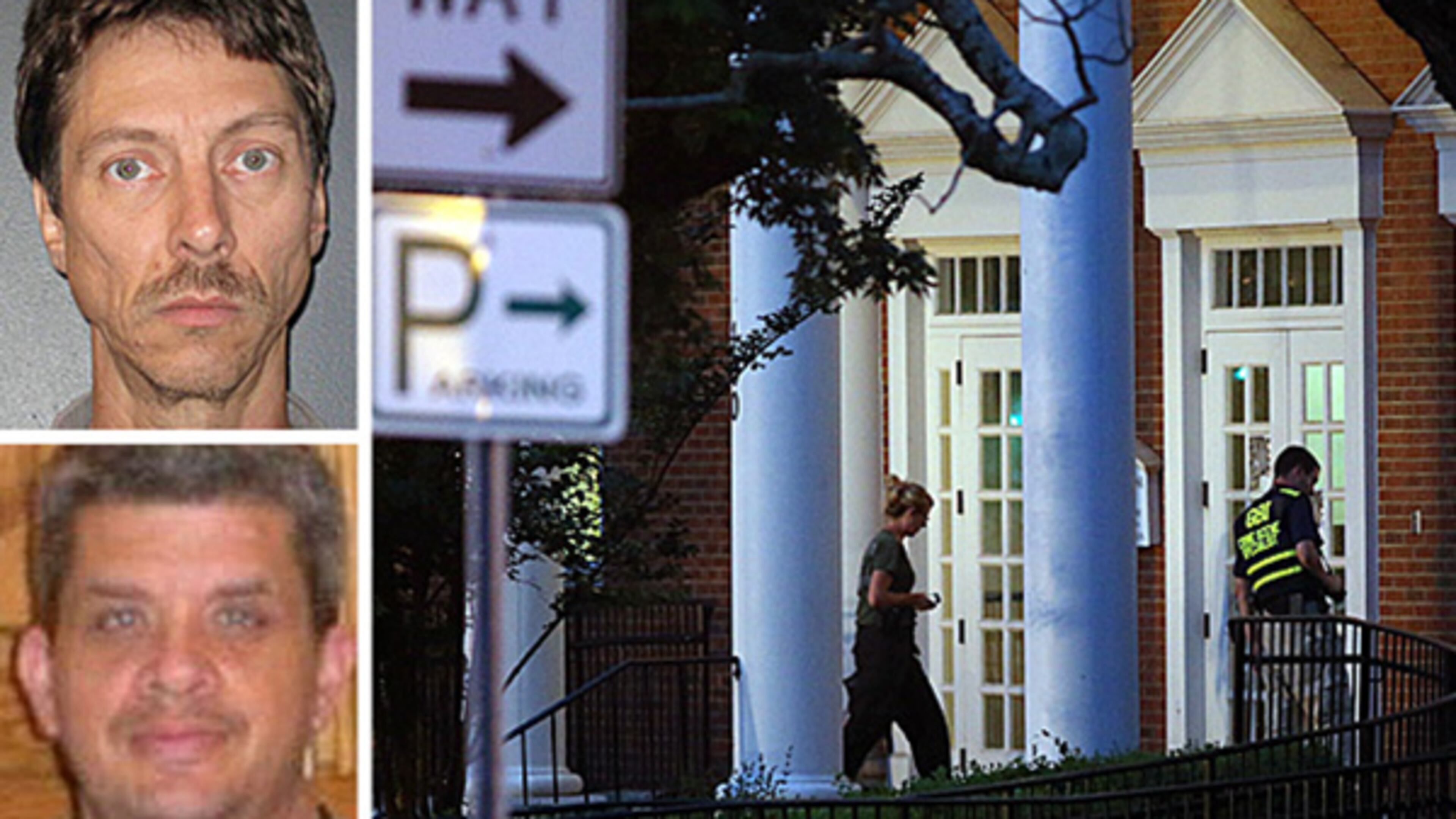 Dennis Marx, top left, was shot dead Friday morning after driving a Nissan Armada onto the steps of the Forsyth County courthouse. Deputy Daniel Rush, lower left, the first law enforcement officer to engage Marx, was shot in the leg.