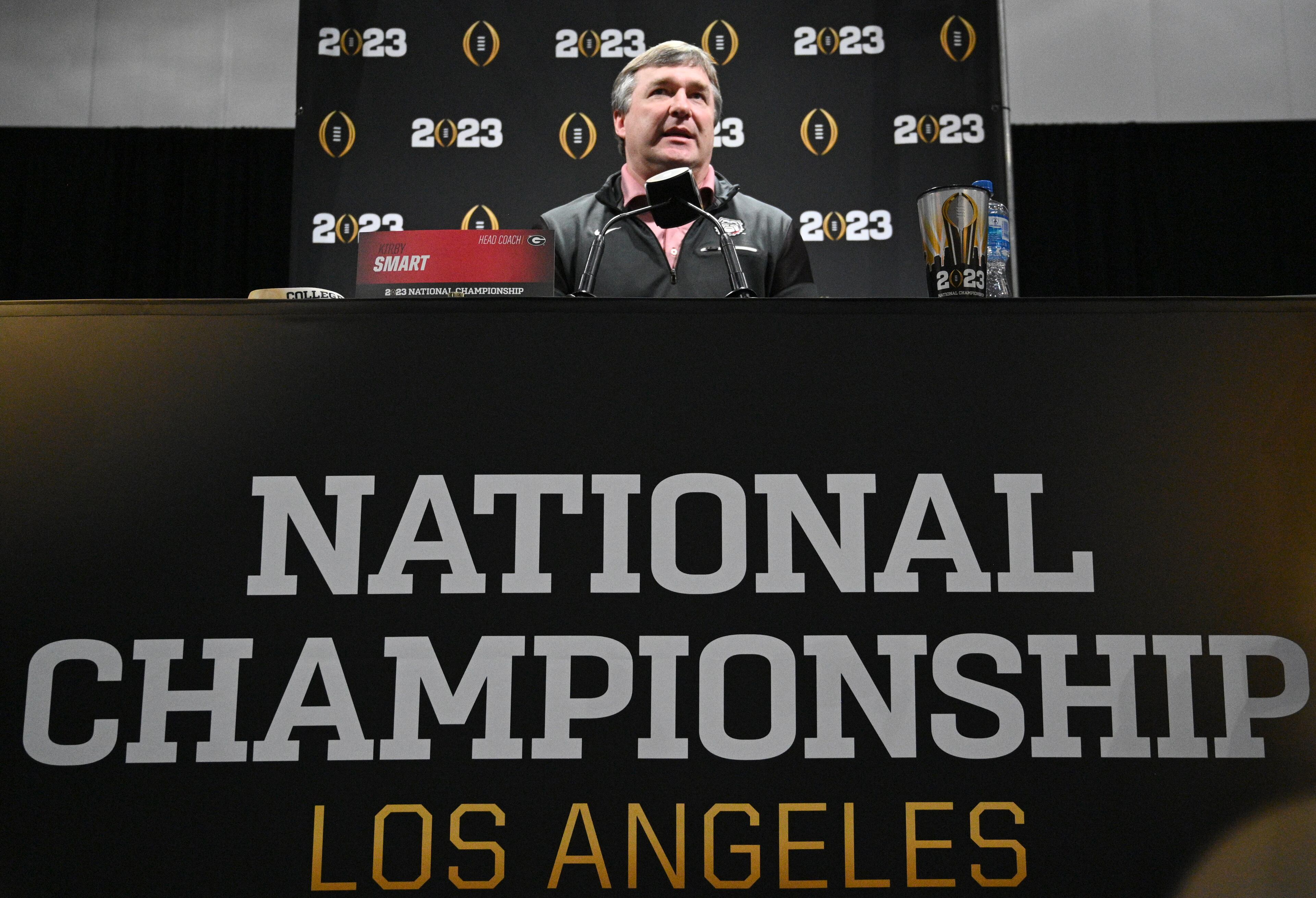 Georgia's head coach Kirby Smart speaks during a media day ahead of the national championship NCAA College Football Playoff game between Georgia and TCU, Saturday, Jan. 7, 2023, in Los Angeles. (Hyosub Shin / Hyosub.Shin@ajc.com)
