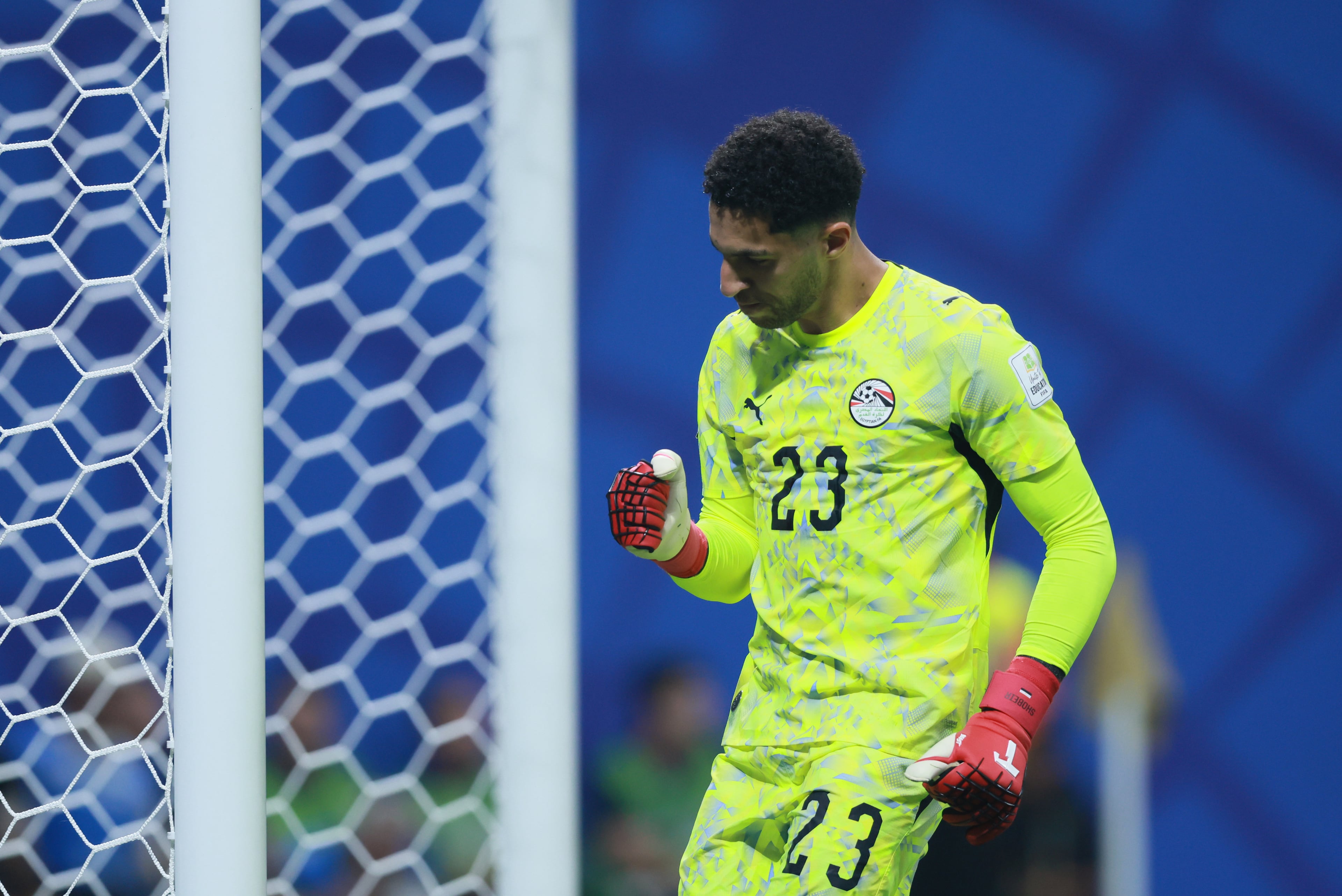 Egypt goalkeeper Mostafa Shoubir reacts to blocking Argentina's Lionel Messi's penalty kick during first half of Argentina vs. Egypt FIFA World Cup match at Atlanta Stadium (Mercedes-Benz Stadium) on Tuesday, July 7, 2026. (Jason Getz/AJC)