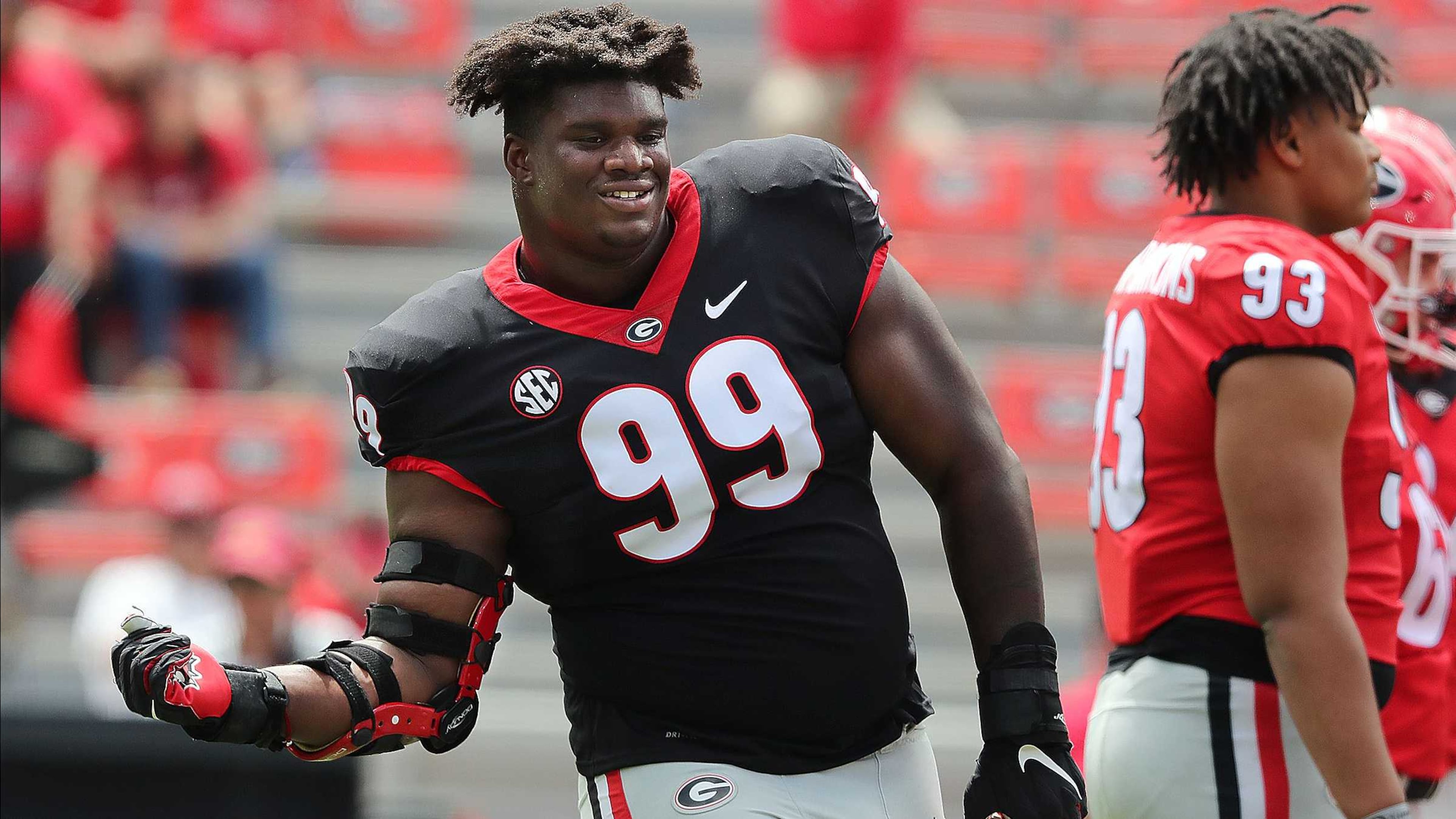 041721 Athens: Georgia defensive lineman Jordan Davis gets his groove on during the G-Day game at Sanford Stadium on Saturday, April 17, 2021, in Athens. “Curtis Compton / Curtis.Compton@ajc.com”