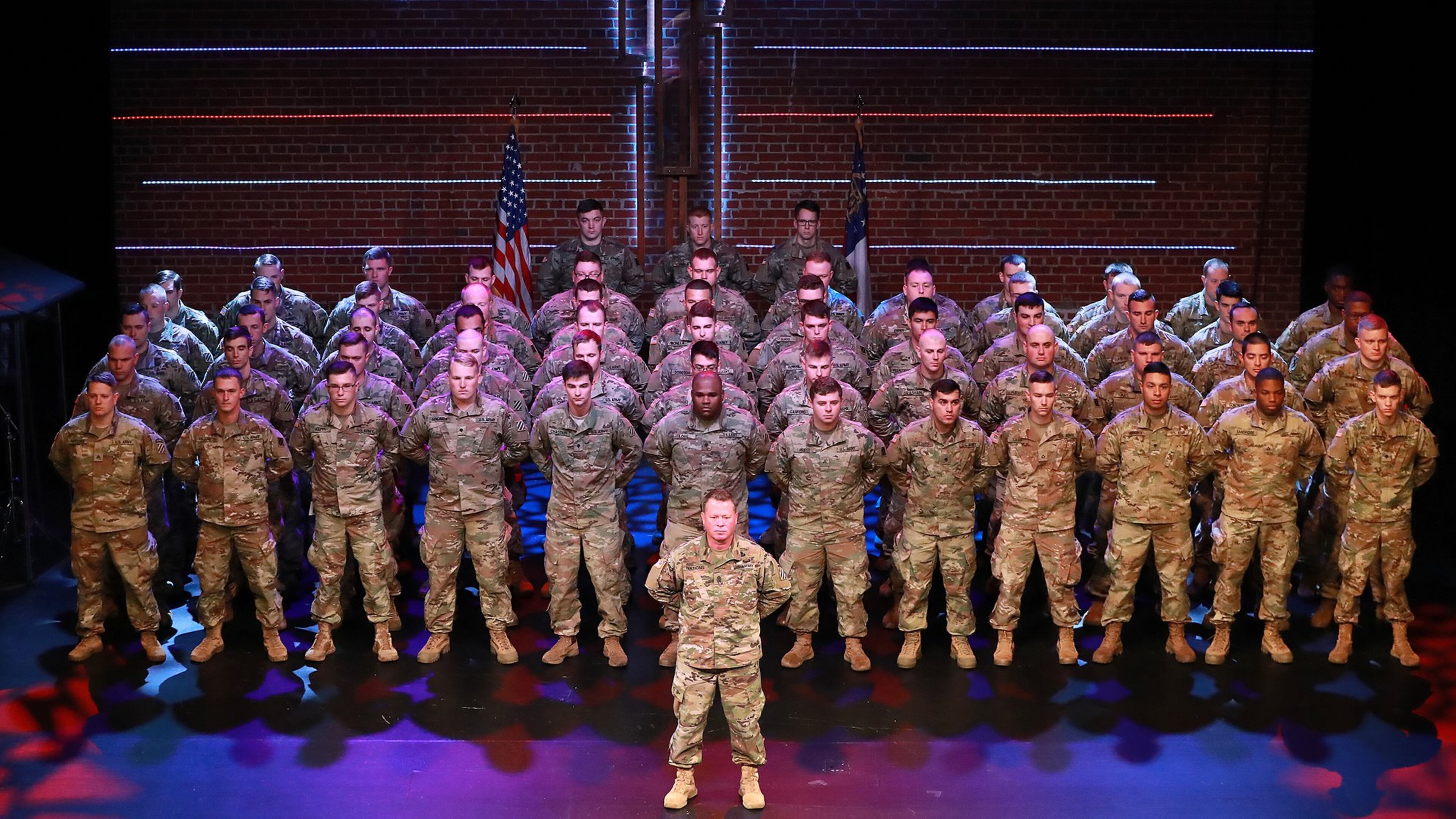 Georgia National Guard troops with the 108th Calvary Regiment form ranks on the stage of Rock Bridge Community Church during a send-off ceremony deploying to Afghanistan on Monday, Nov. 26, 2018, in Dalton. Many other such send-off events will play out across the state in the coming weeks as about 2,200 troops from Georgia’s 48th Brigade head to Fort Stewart for final training and then to a restive part of Afghanistan to join the longest war in America’s history, a fight that is now in its 17th year. Curtis Compton/ccompton@ajc.com
