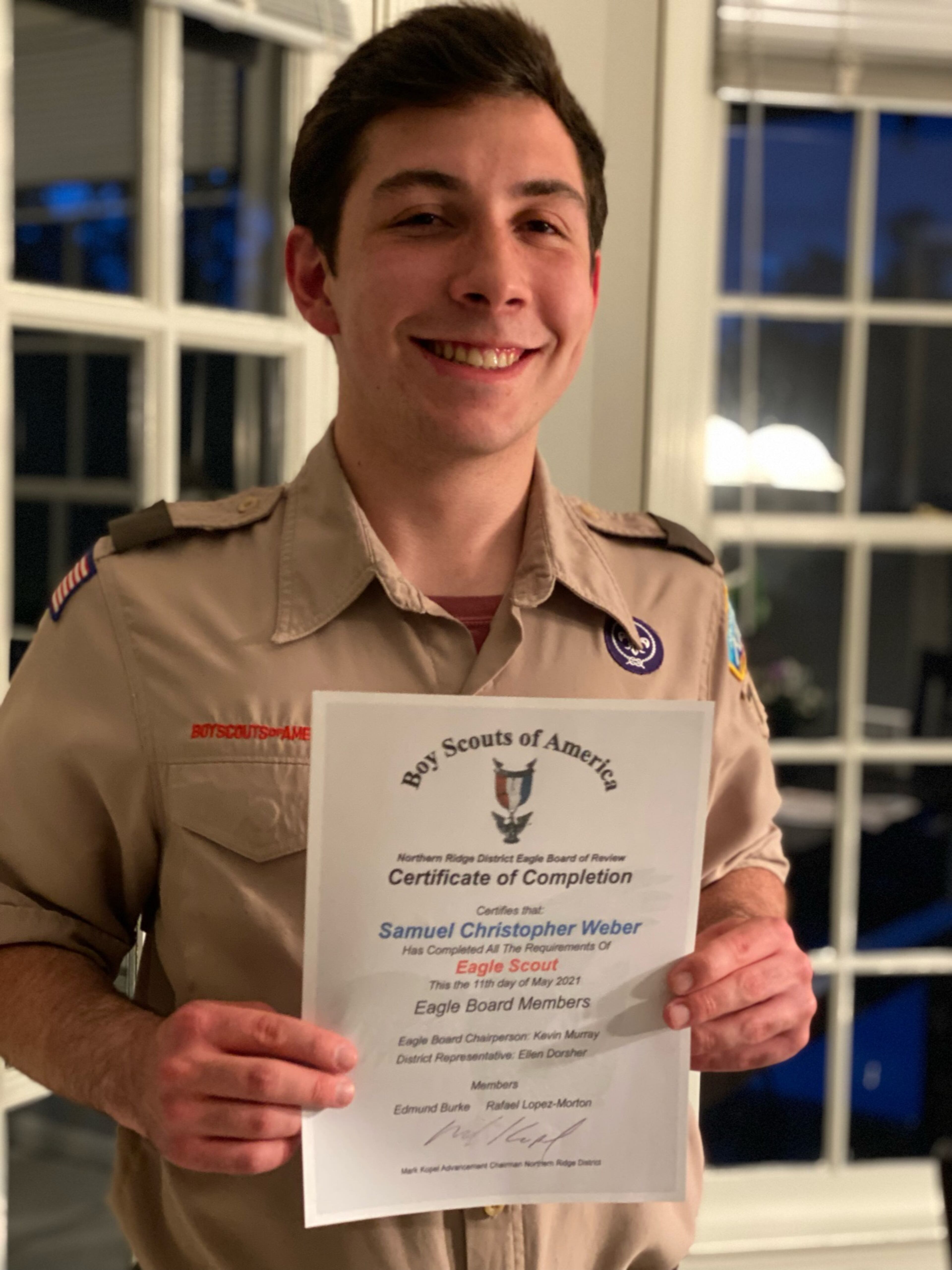 The Northern Ridge Boy Scout District (Cities of Roswell, Alpharetta, John’s Creek, Milton) is proud to announce its newest Eagle Scout, who passed his Board of Review On May 11: Sam Weber, of Troop 7153, sponsored by St. Brigid Catholic Church, whose project was the design and construction of 3 benches for the parking islands located at St. Brigid Catholic Church.