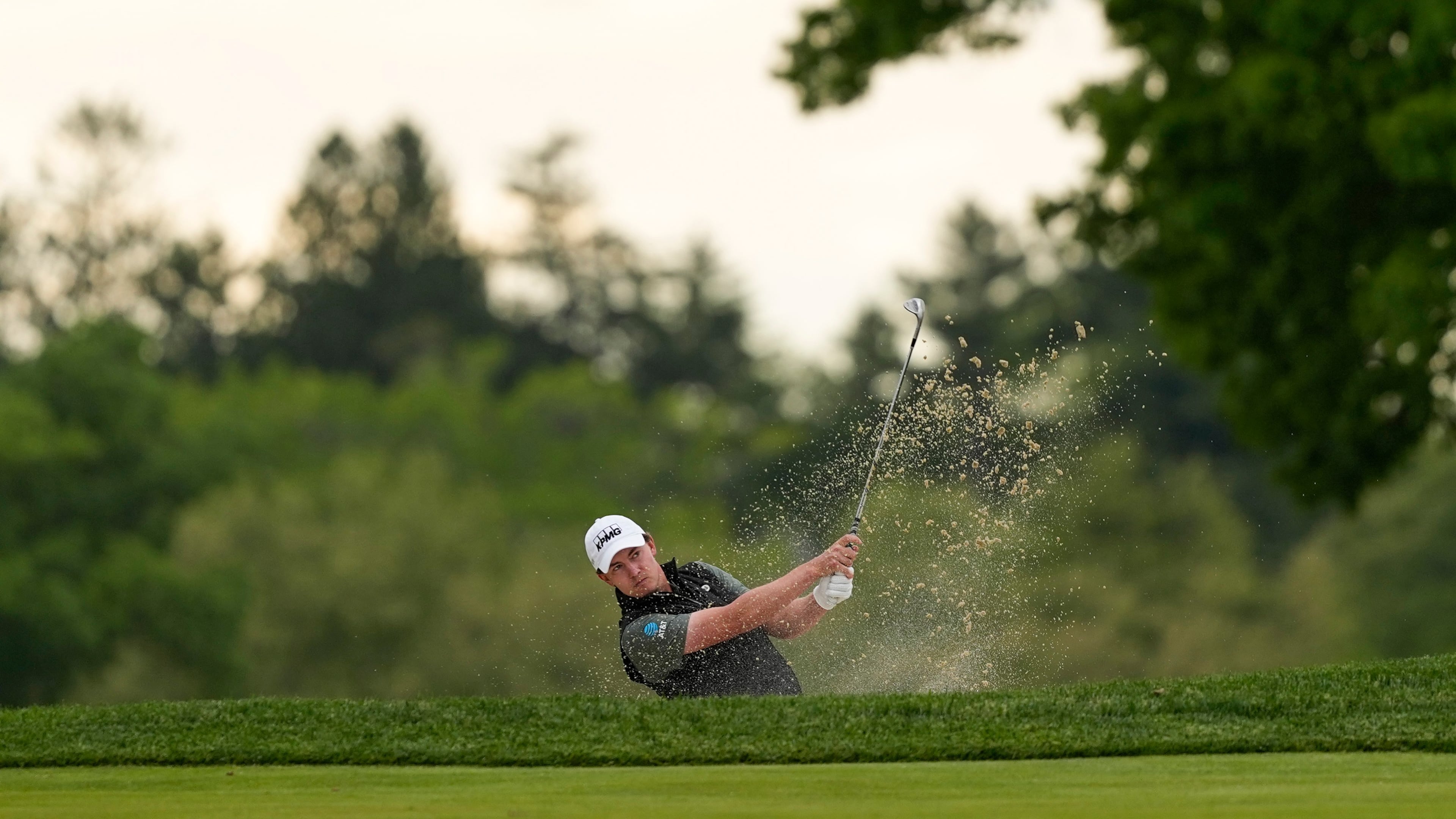 Maverick McNealy hits from the third fairway during the second round of the PGA Championship golf tournament at Aronimink Golf Club, Friday, May 15, 2026, in Newtown Square, PA. (AP Photo/Matt Slocum)