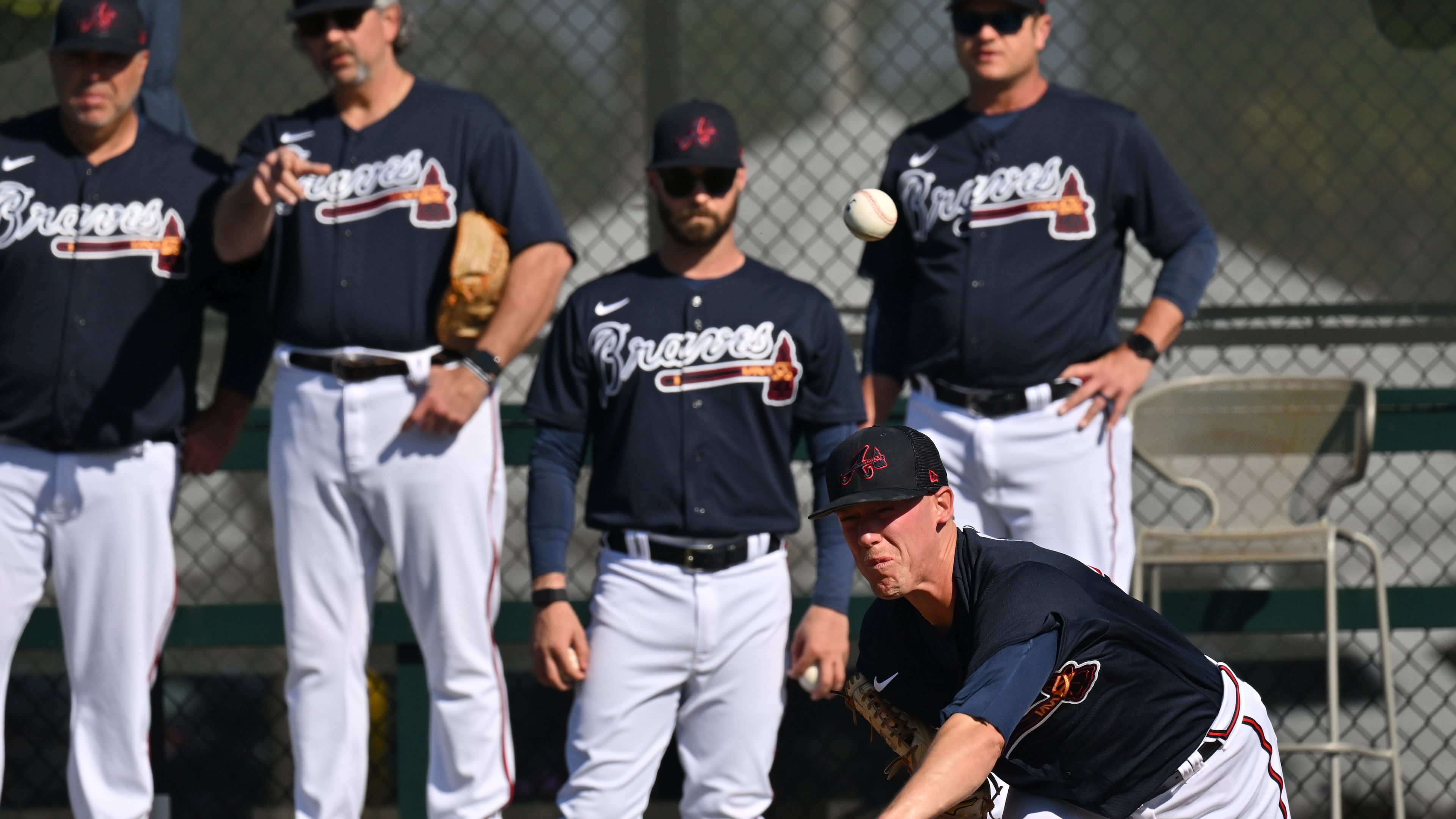 Atlanta Braves pitcher Kolby Allard throws during spring training at CoolToday Park, Saturday, Feb. 18, 2023, in North Port, Fla.. (Hyosub Shin / Hyosub.Shin@ajc.com)