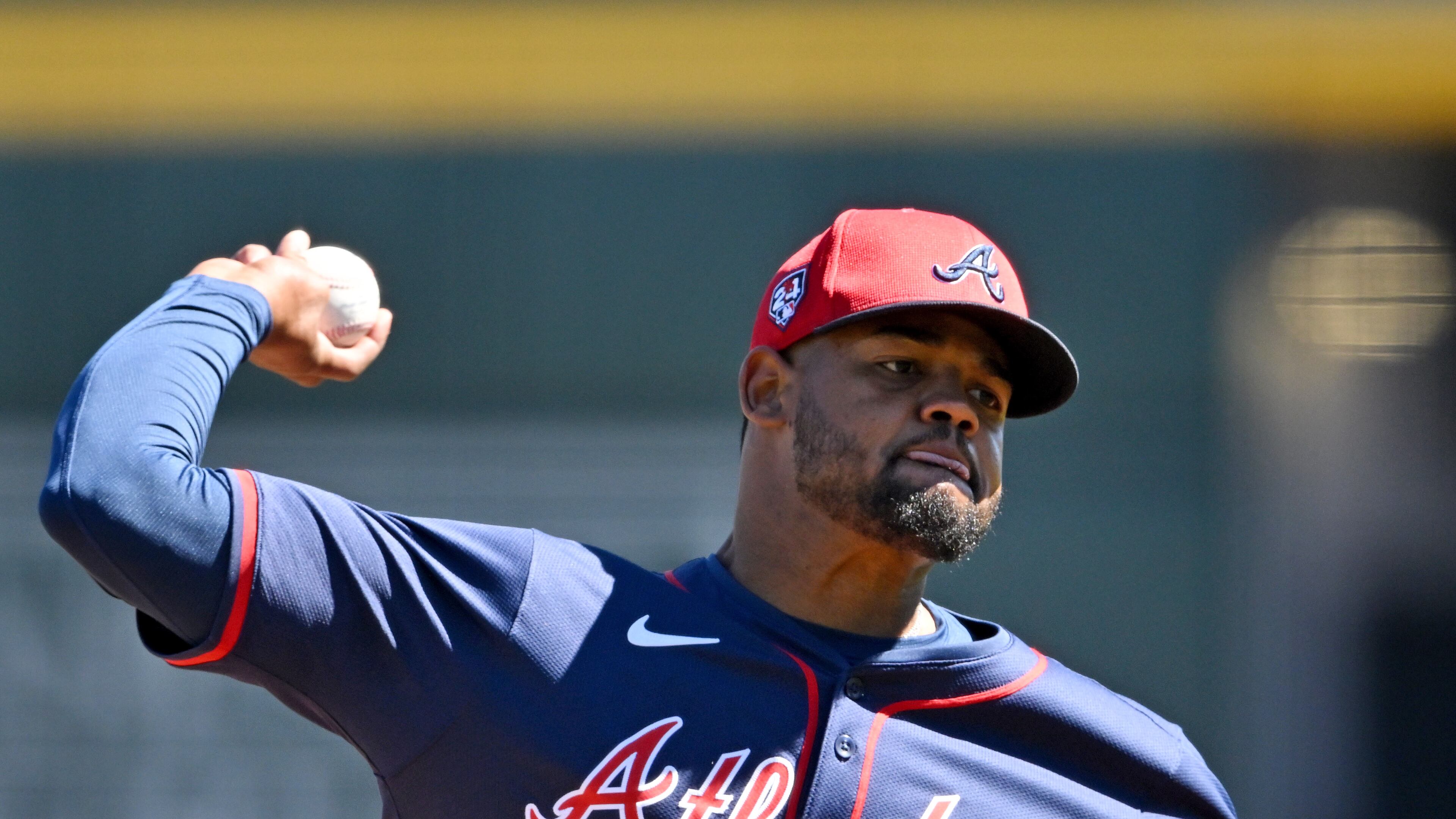 Braves relief pitcher Reynaldo Lopez throws a pitch during spring training workouts at CoolToday Park, Thursday, Feb. 22, 2024, in North Port, Florida. (Hyosub Shin / Hyosub.Shin@ajc.com)