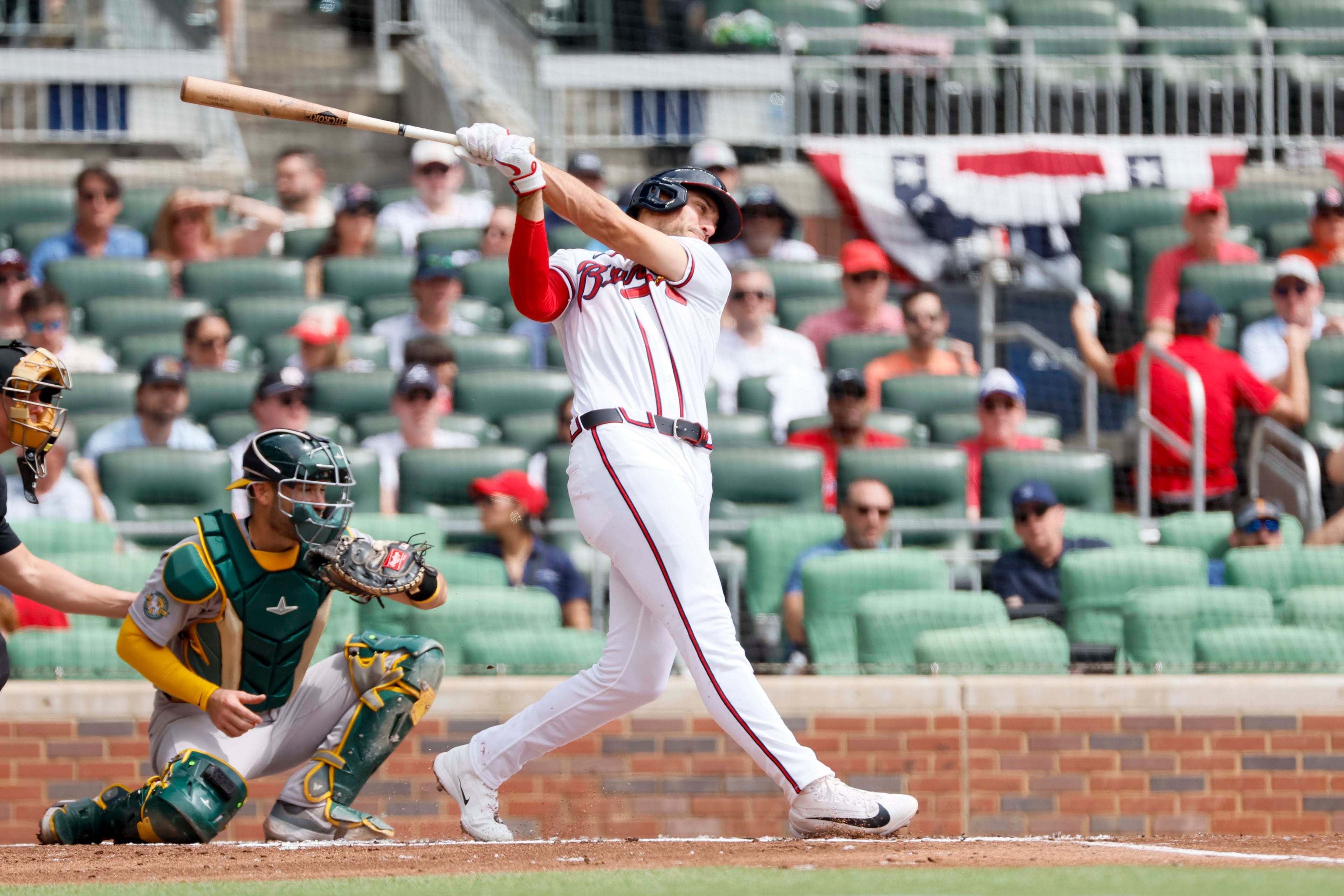 Braves first baseman Matt Olson swings against the Athletics on Wednesday, April 1, 2026, at Truist Park in Atlanta. Olson’s offense is underrated, as is his ironman streak of consecutive games played. (Miguel Martinez/AJC)