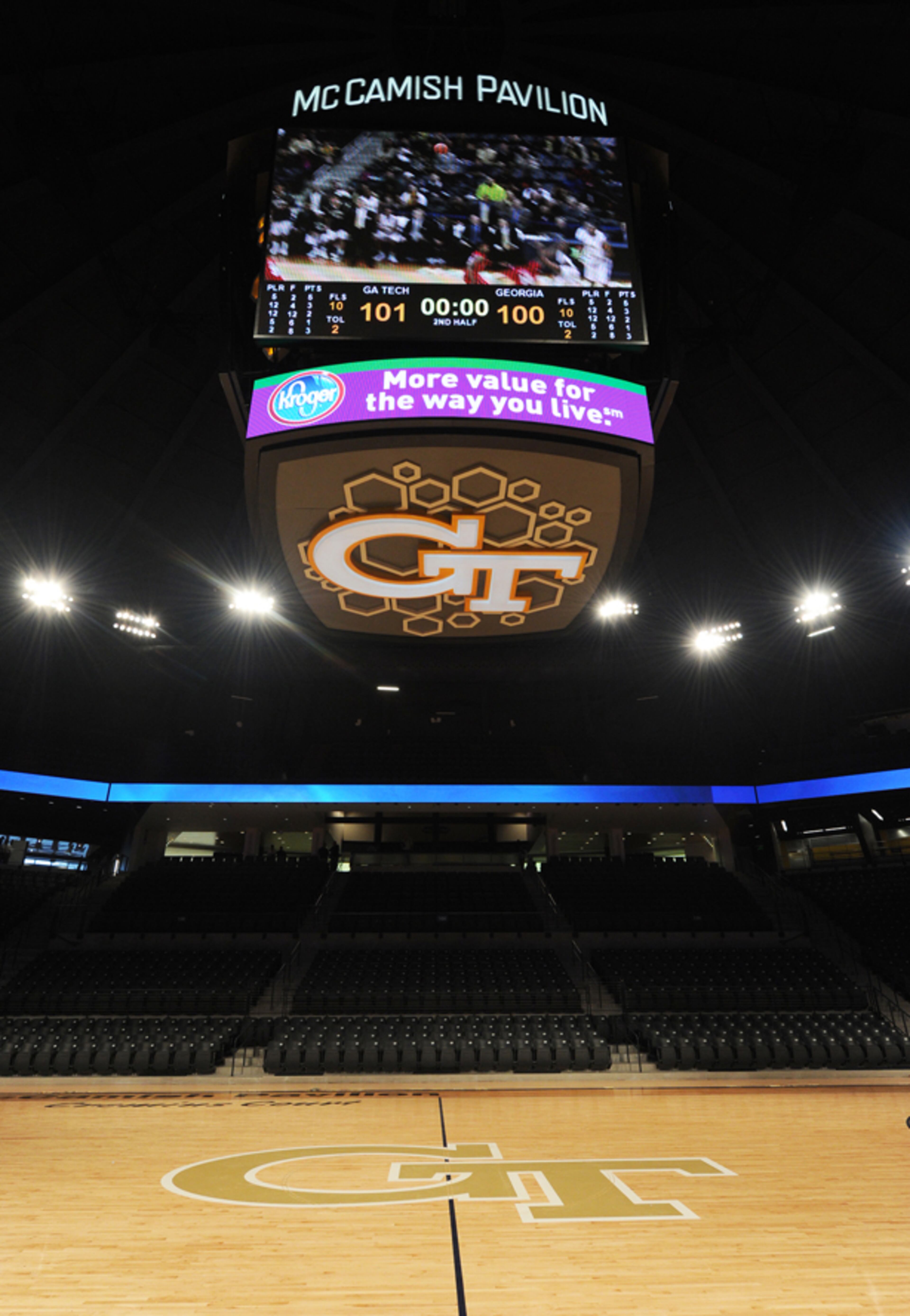 Georgia Tech new basketball arena opens this fall after undergoing a $45 million renovation. The former Alexander Memorial Coliseum has 8,600 seats and features a new two-tone hardwood floor and a large center-hung scoreboard.