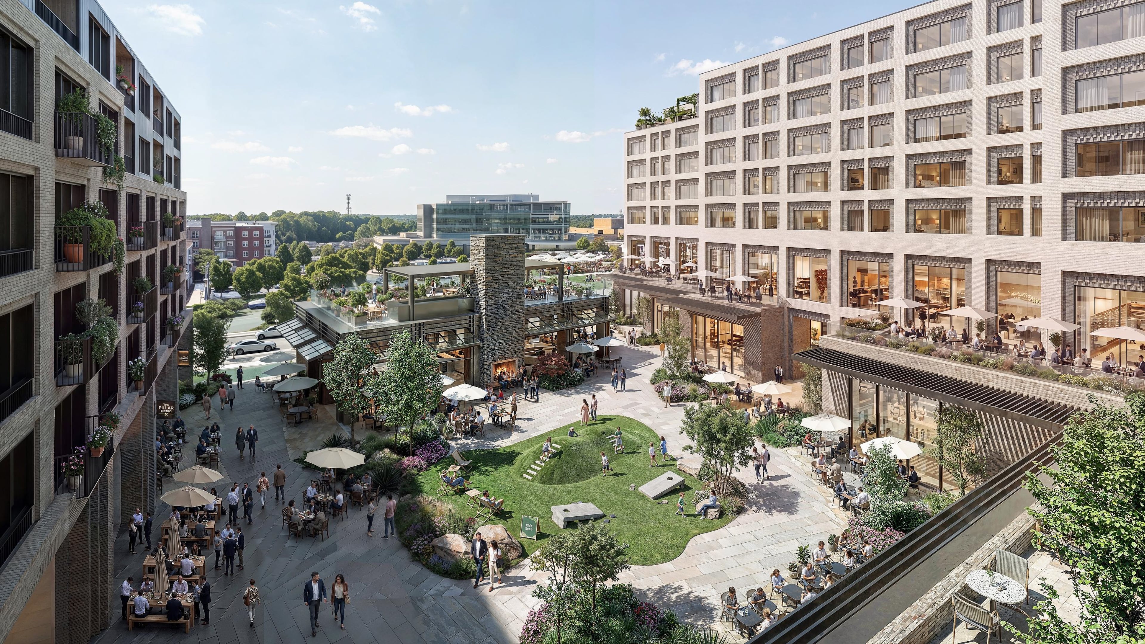 This rendering shows a central gathering space between a new hotel and apartments planned for the second phase of City Springs. (Courtesy of city of Sandy Springs)