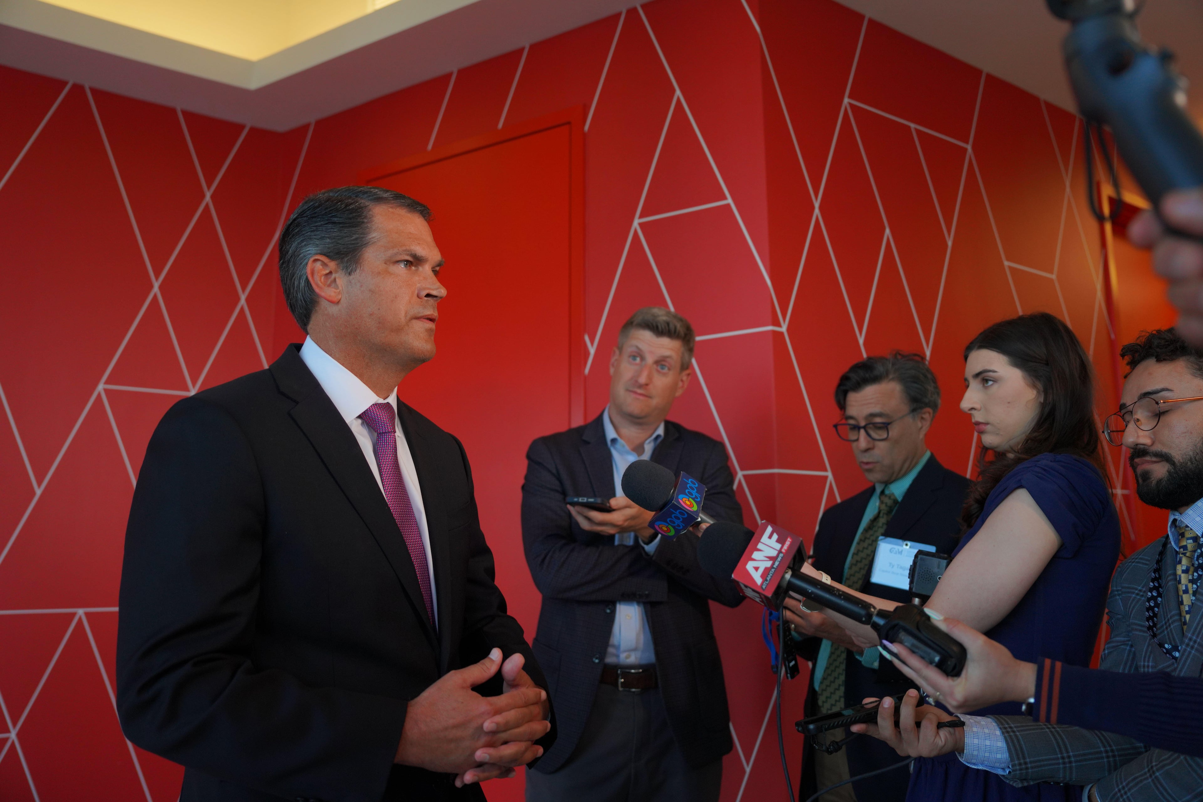 Georgia Democratic gubernatorial candidate Geoff Duncan speaks to the press during a candidate forum event, in Atlanta, Tuesday, April 21, 2026. (Matthew Pearson/WABE via AP)