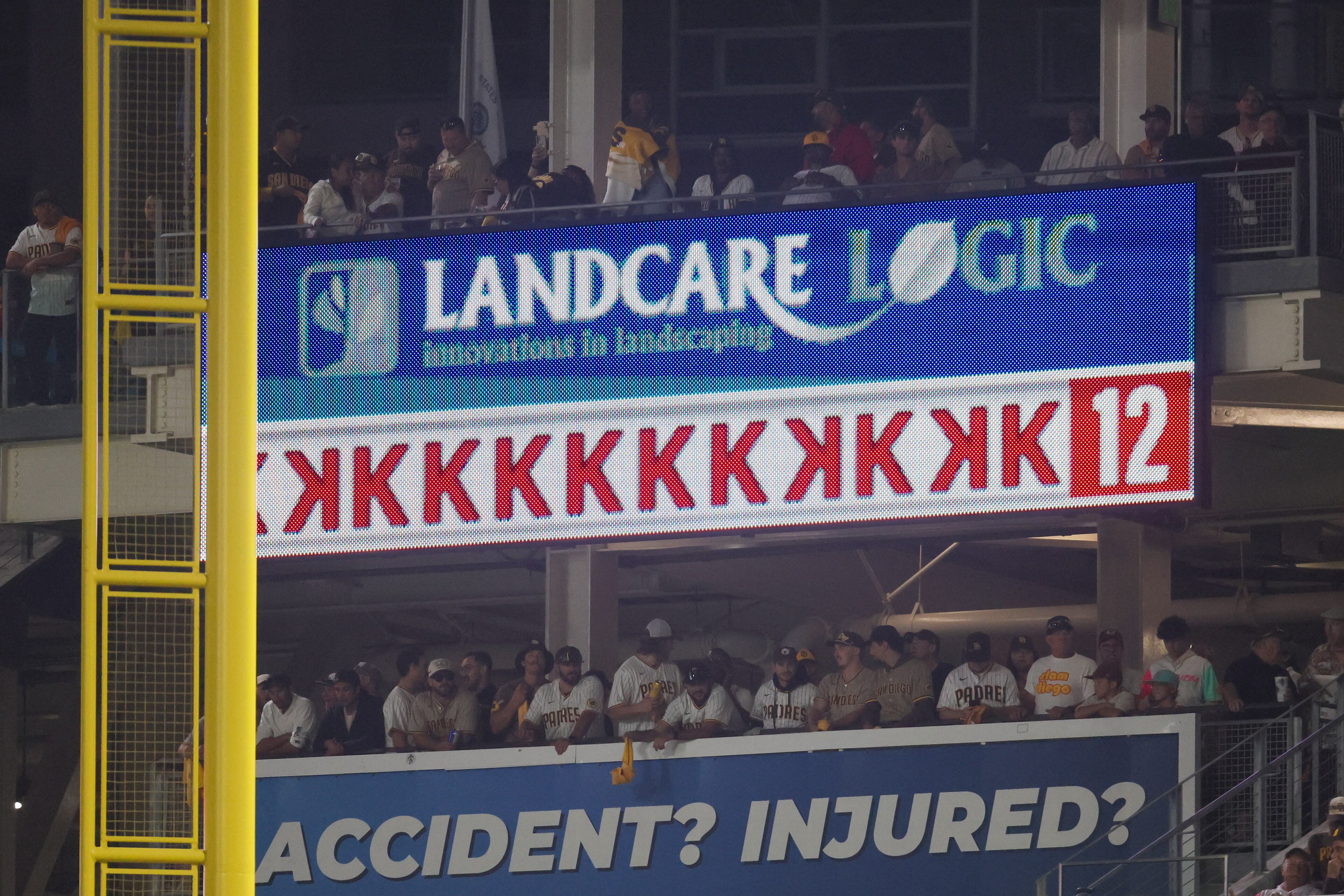 San Diego Padres pitcher Michael King (34) is recognized after 12 strikeouts through the seventh inning of National League Division Series Wild Card Game One at Petco Park in San Diego on Tuesday, Oct. 1, 2024. (Jason Getz / Jason.Getz@ajc.com)