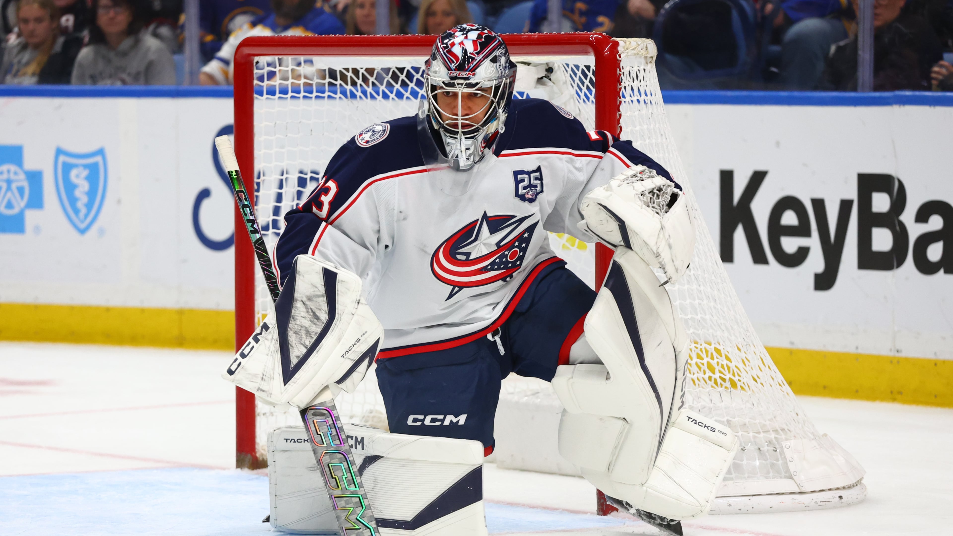 FILE - Columbus Blue Jackets goaltender Jet Greaves (73) makes a save during the first period of an NHL hockey game against the Buffalo Sabres, April 9, 2026, in Buffalo, N.Y. (AP Photo/Jeffrey T. Barnes, File)