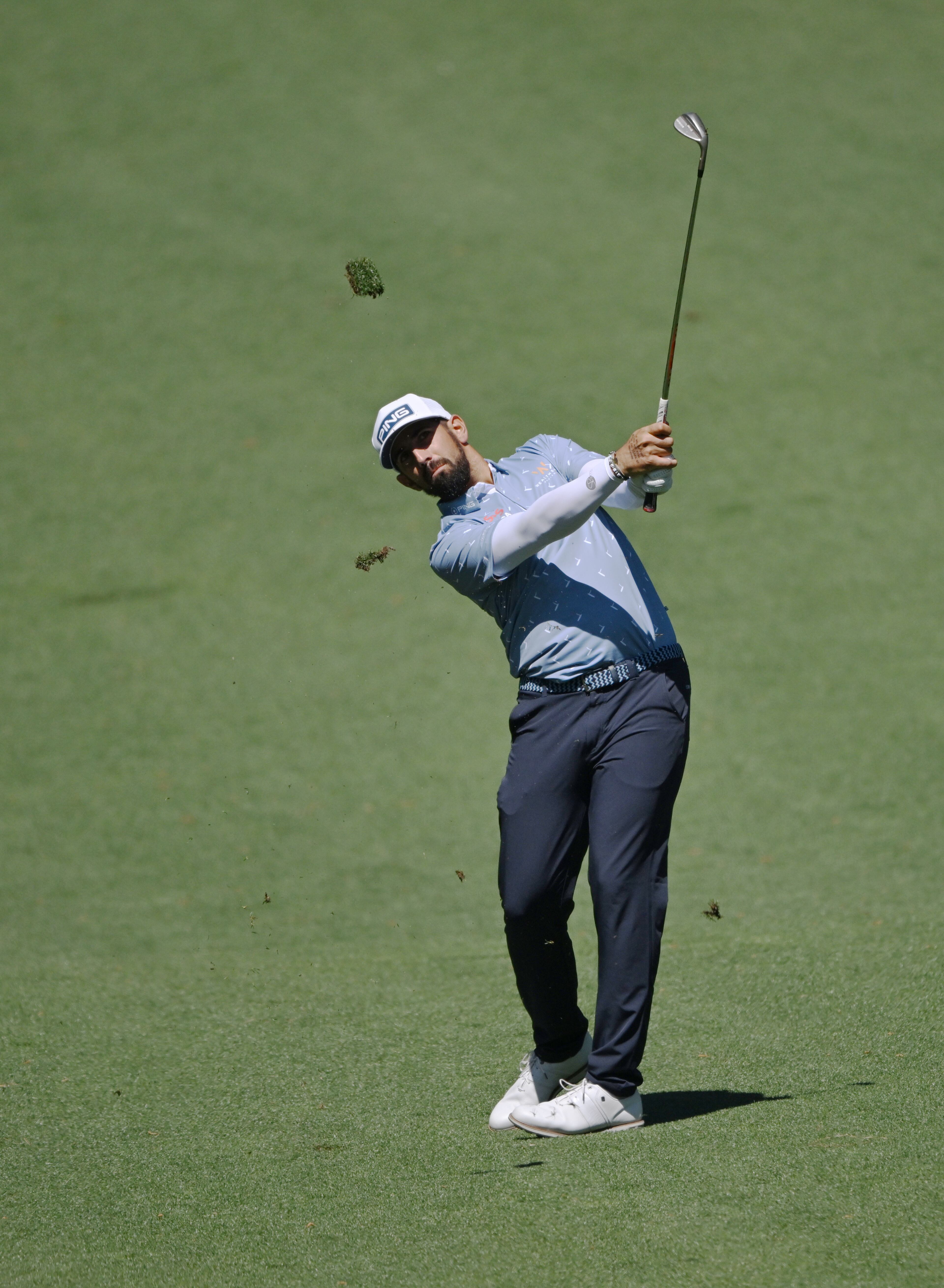 Matthieu Pavon hits a fairway shot on seventh hole during second round of the 2024 Masters Tournament at Augusta National Golf Club, Friday, April 12, 2024, in Augusta, Ga. (Hyosub Shin / Hyosub.Shin@ajc.com)