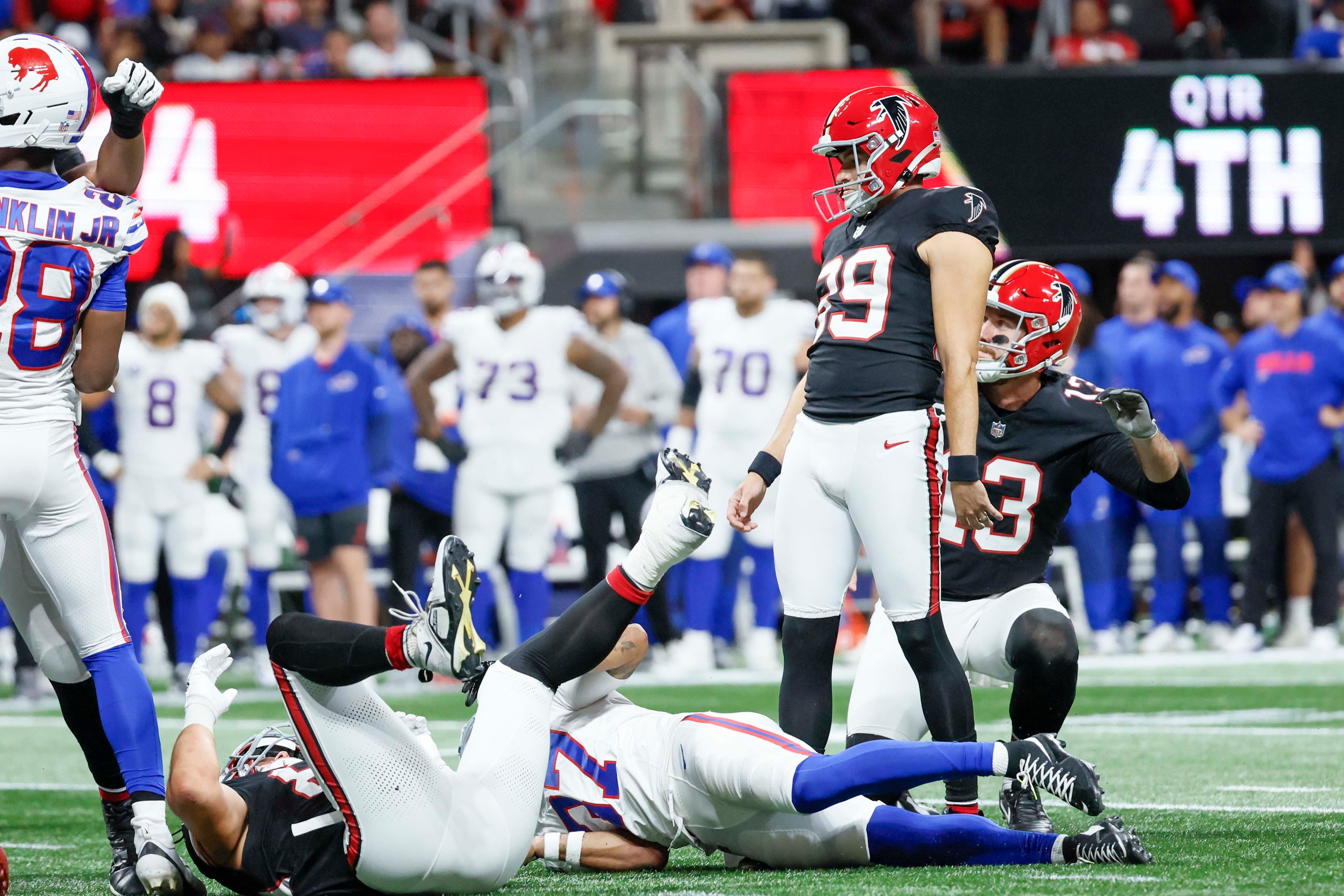 Atlanta Falcons place kicker Parker Romo (39) watches his field goal during the second half of an NFL game against the Buffalo Bills at Mercedes-Benz Stadium in Atlanta on Monday, October 13, 2025.
(Miguel Martinez/ AJC)