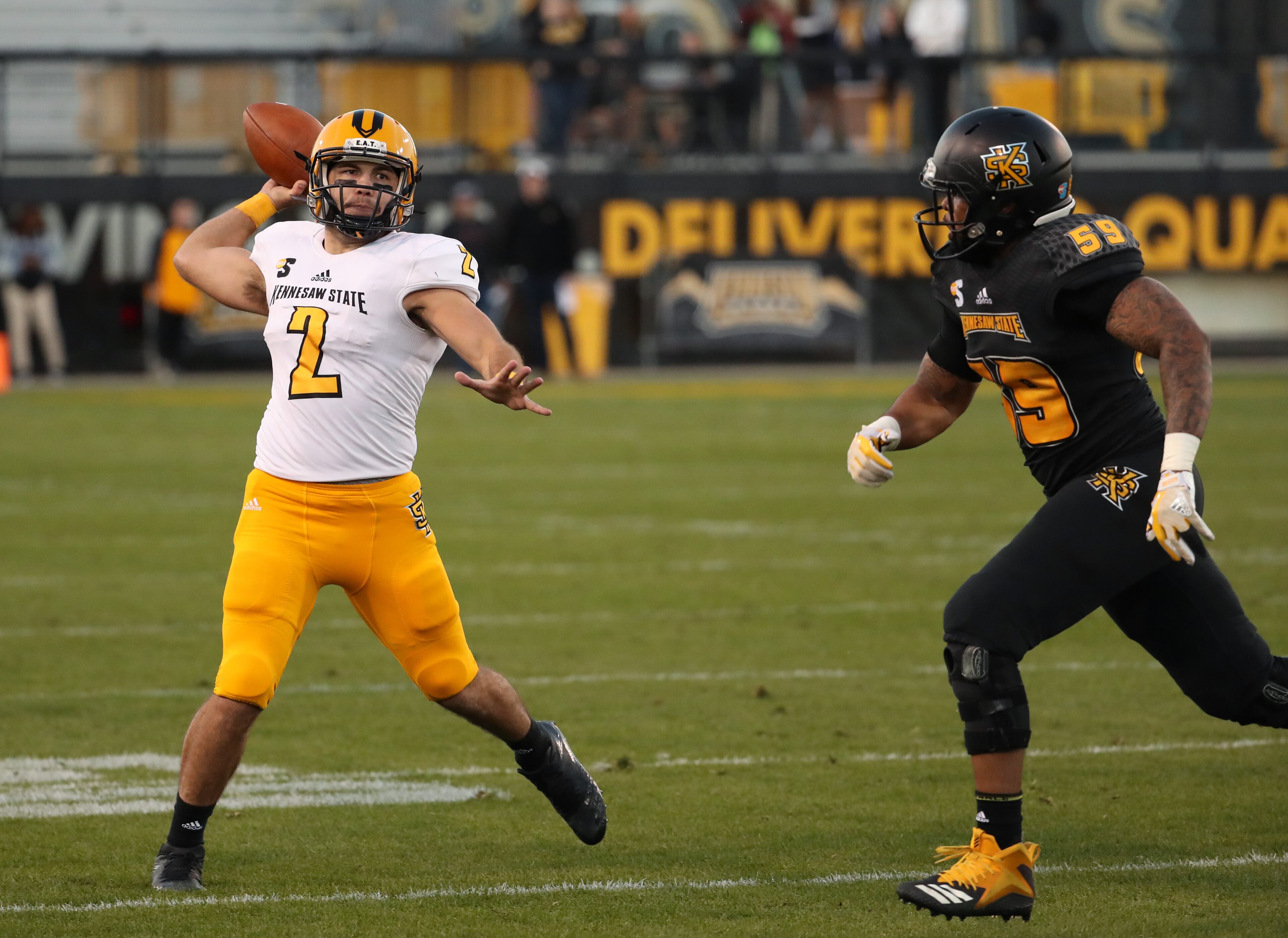March 22, 2019 - Kennesaw, Ga: Kennesaw State Owls quarterback Daniel David (2) attempts a pass during the KSU spring football game at Fifth Third Bank Stadium Friday, March 22, 2019 in Kennesaw, Ga.. (JASON GETZ/SPECIAL TO THE AJC)