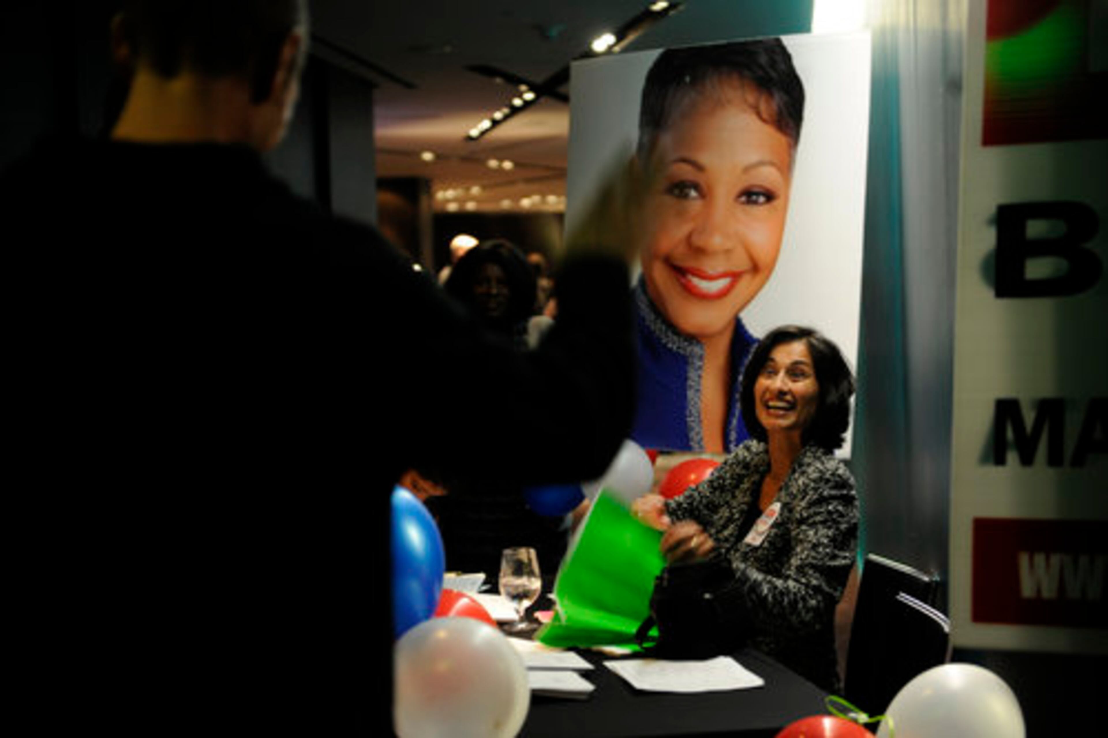 Finance Director Ayesha Khanna welcome supporters to the Borders election party.