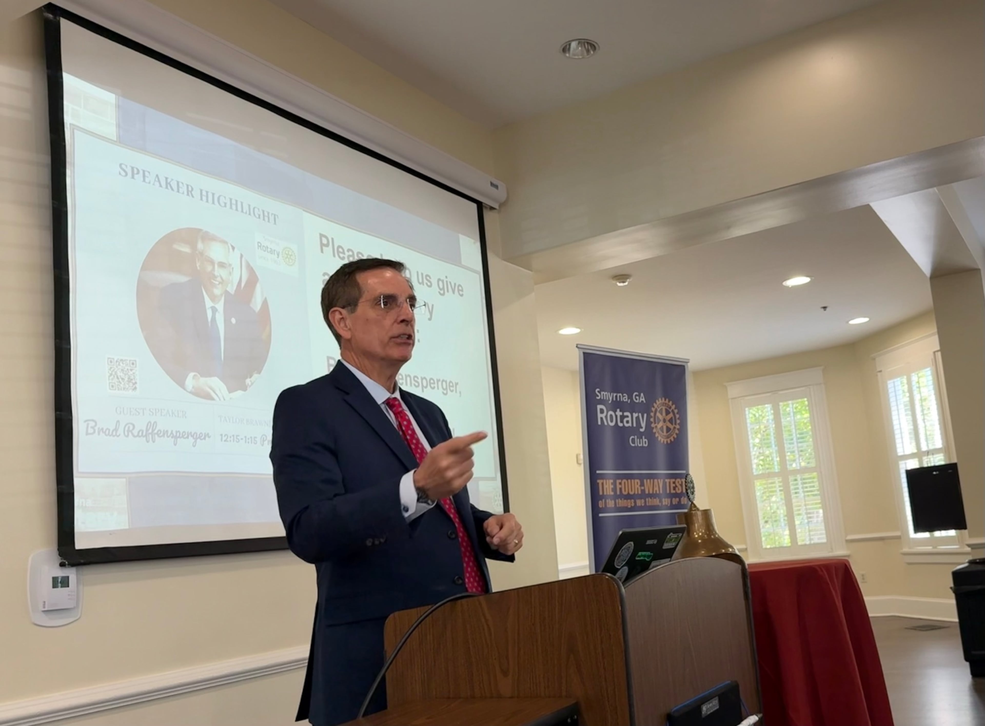 Secretary of State Brad Raffensperger speaks to the Smyrna Rotary on Tuesday. (Greg Bluestein/AJC)