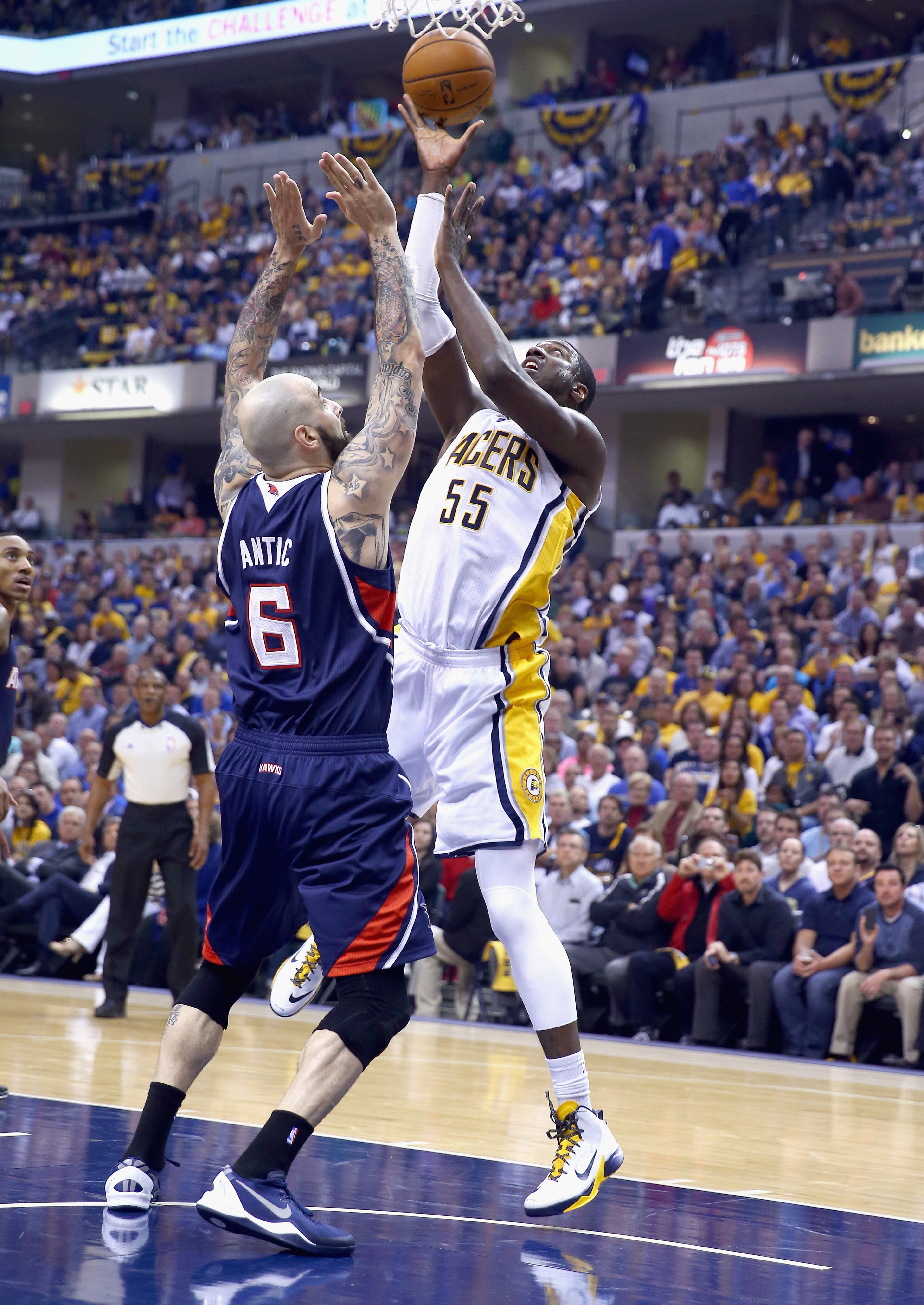Roy Hibbert of the Indiana Pacers shoots the ball against the Atlanta Hawks in Game 2 of the Eastern Conference Quarterfinals during the 2014 NBA Playoffs at Bankers Life Fieldhouse on April 22, 2014 in Indianapolis. (Photo by Andy Lyons/Getty Images)