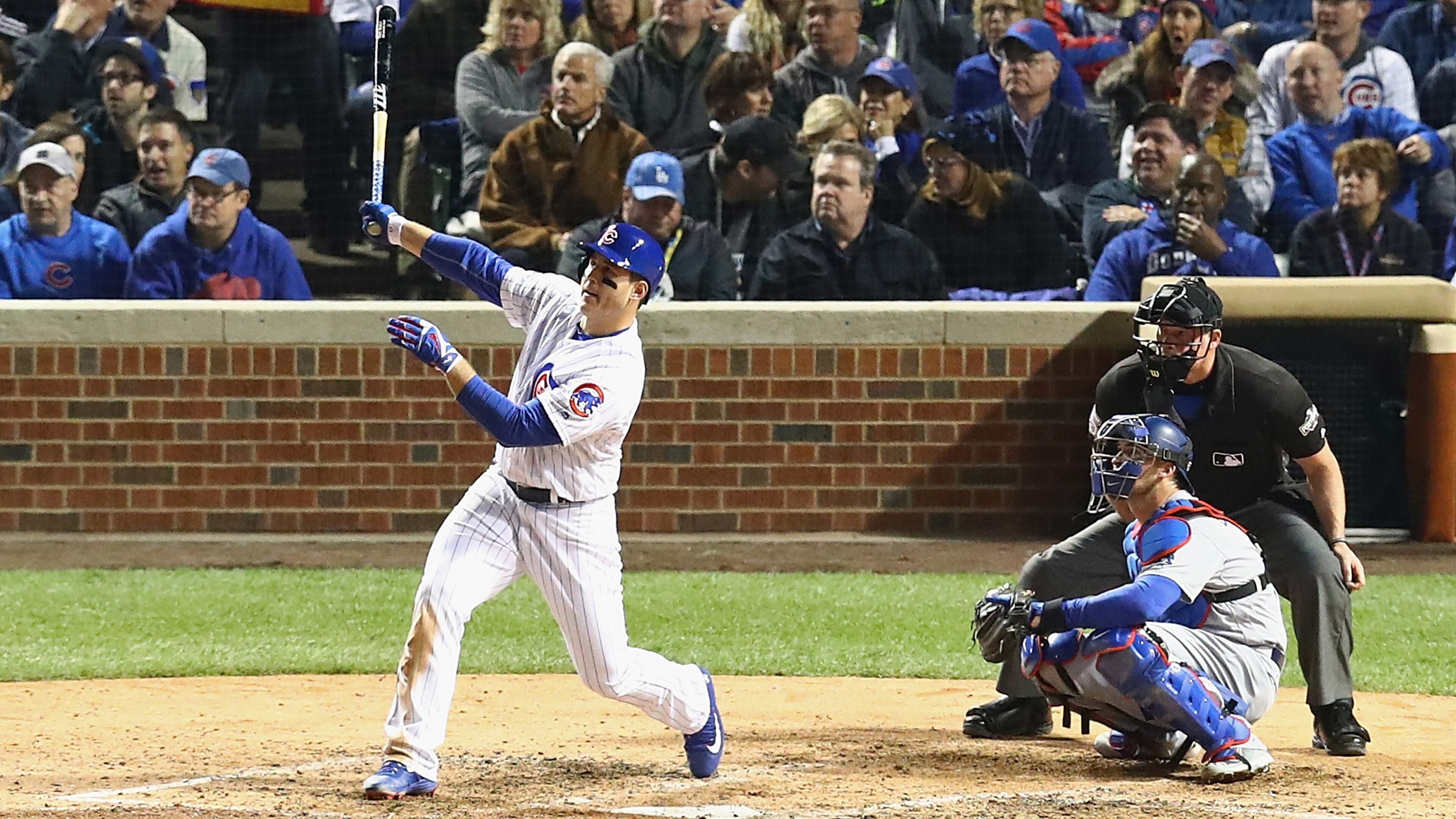 CHICAGO, IL - OCTOBER 22: Anthony Rizzo #44 of the Chicago Cubs hits a solo home run in the fifth inning against the Los Angeles Dodgers during game six of the National League Championship Series at Wrigley Field on October 22, 2016 in Chicago, Illinois. (Photo by Dylan Buell/Getty Images)