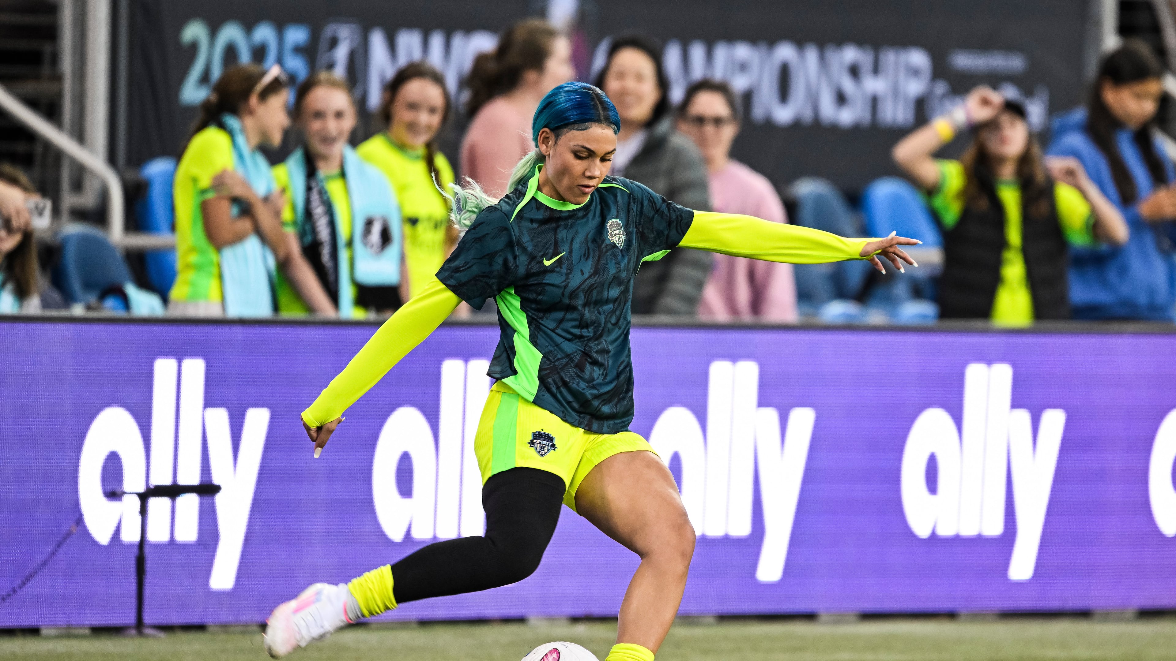 FILE - Washington Spirit forward Trinity Rodman (2) warms up before the NWSL women's championship soccer match against NJ/NY Gotham FC, Nov. 22, 2025, in San Jose, Calif. (AP Photo/Justine Willard, File)