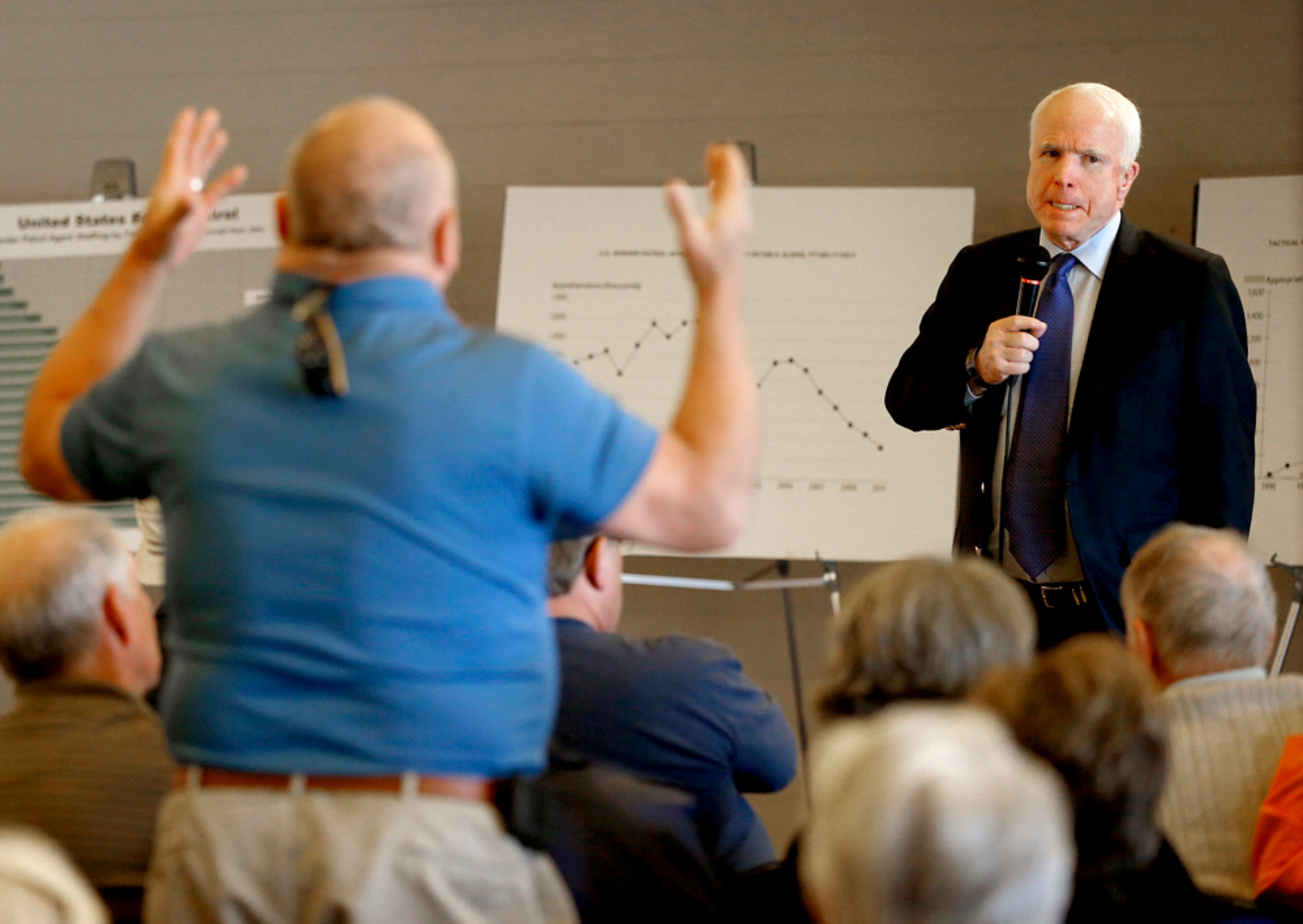 A TOUGH ROOM--U.S. Sen. John McCain, R-Ariz., listens to a question during a town hall, Tuesday, Feb. 19, 2013, in Sun Lakes, Ariz. McCain defended his proposed immigration overhaul to an angry crowd in suburban Arizona in the latest sign that this border state will play a prominent role in the national immigration reform debate. (AP Photo/Matt York)