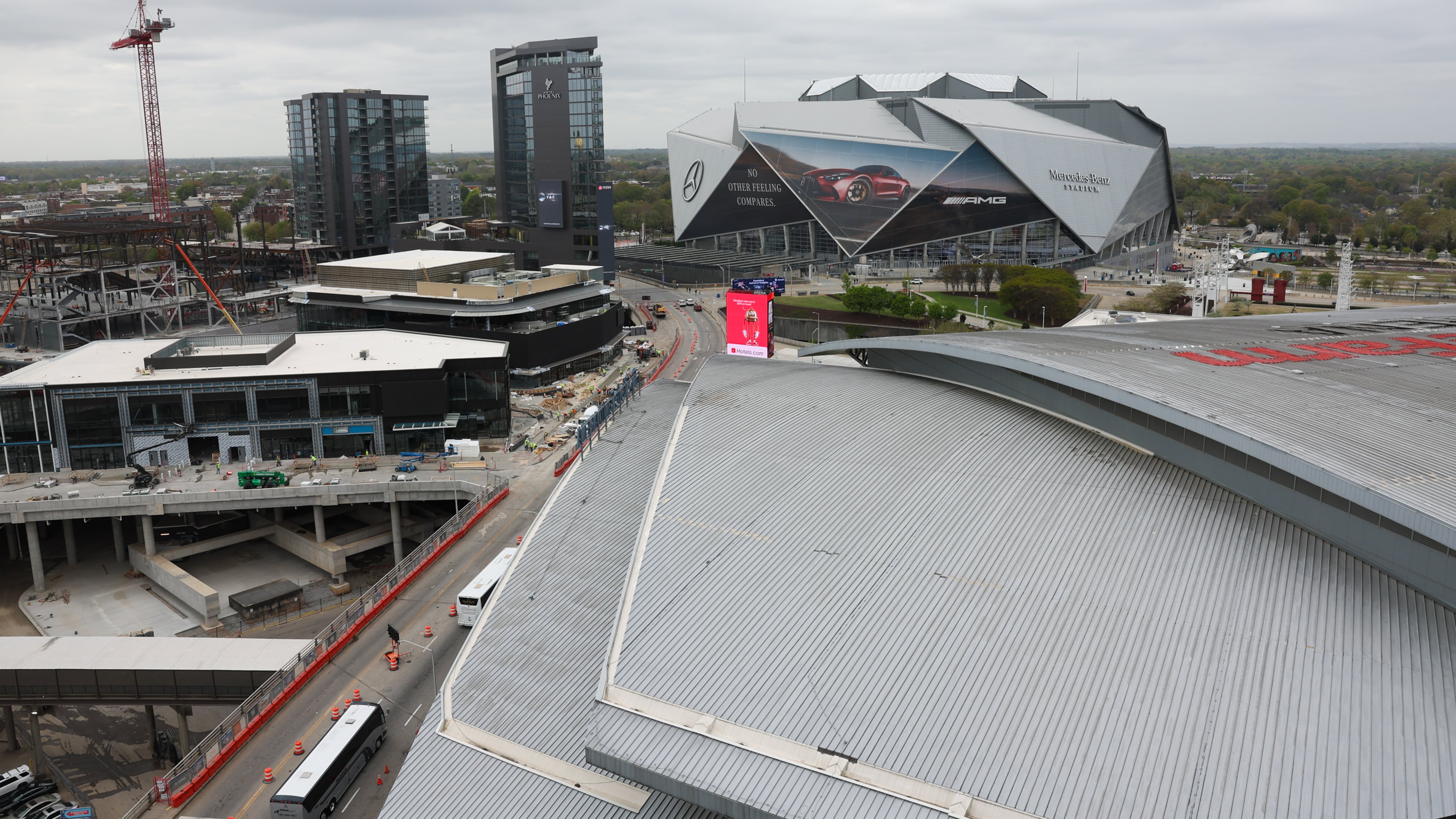 Mercedes-Benz Stadium is seen from The Center, formerly CNN Center, in Atlanta on March 30, 2026. (Arvin Temkar/AJC)