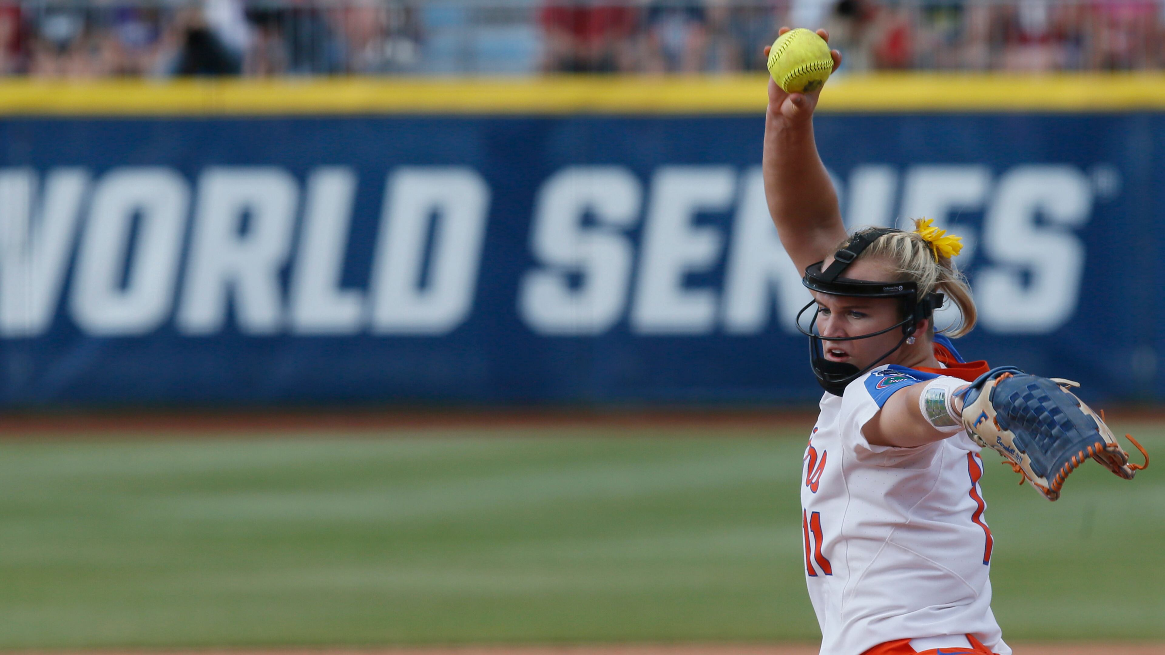 Florida's Kelly Barnhill (11) pitches in championship series against Oklahoma in the NCAA Women's College World Series in Oklahoma City, Monday, June 5, 2017.