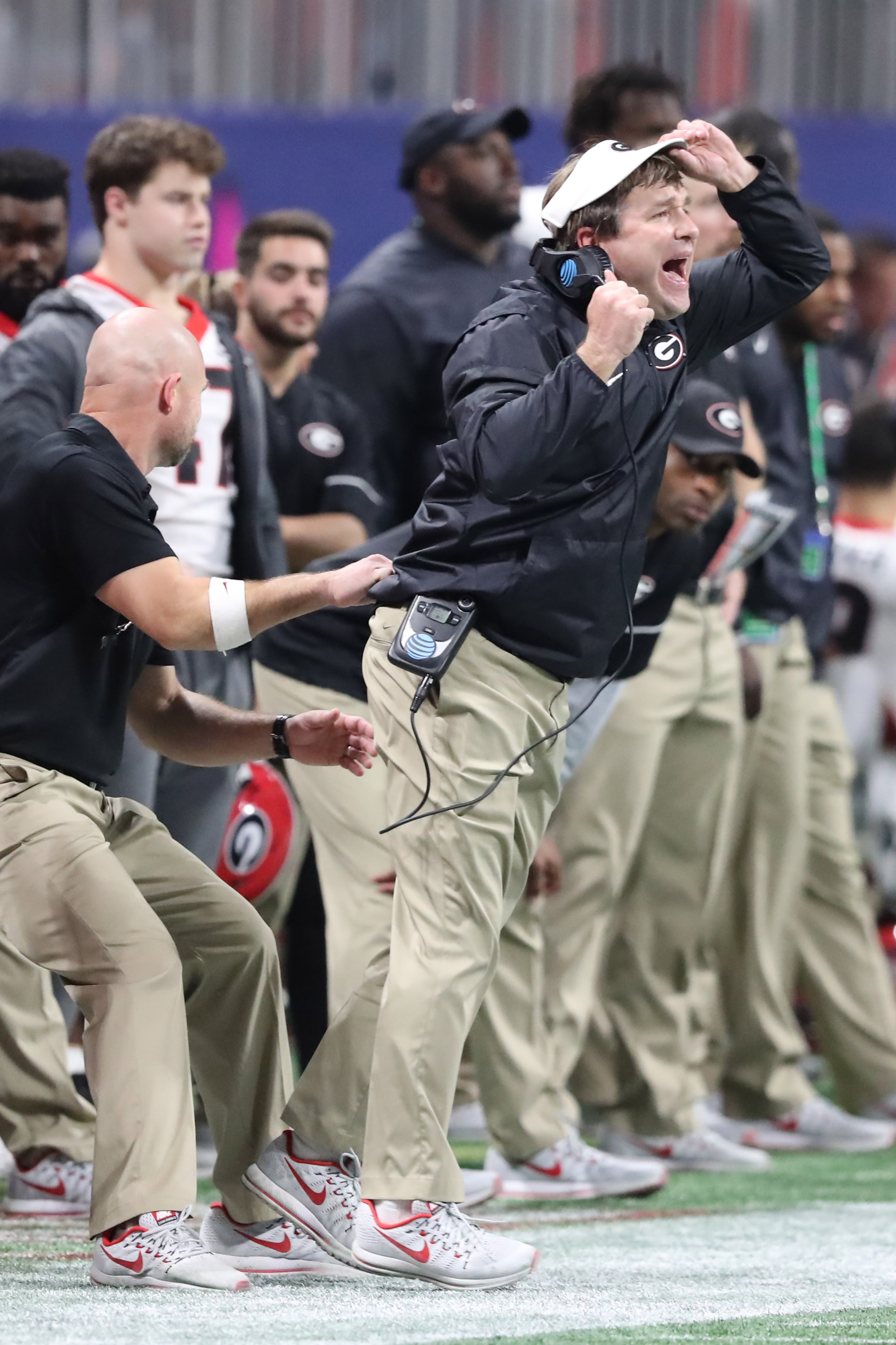 December 2, 2017 Atlanta: Georgia Bulldogs head coach Kirby Smart facts on the sideline during the first half of the SEC Football Championship at Mercedes-Benz Stadium, December 2, 2017, in Atlanta. Curtis Compton / ccompton@ajc.com