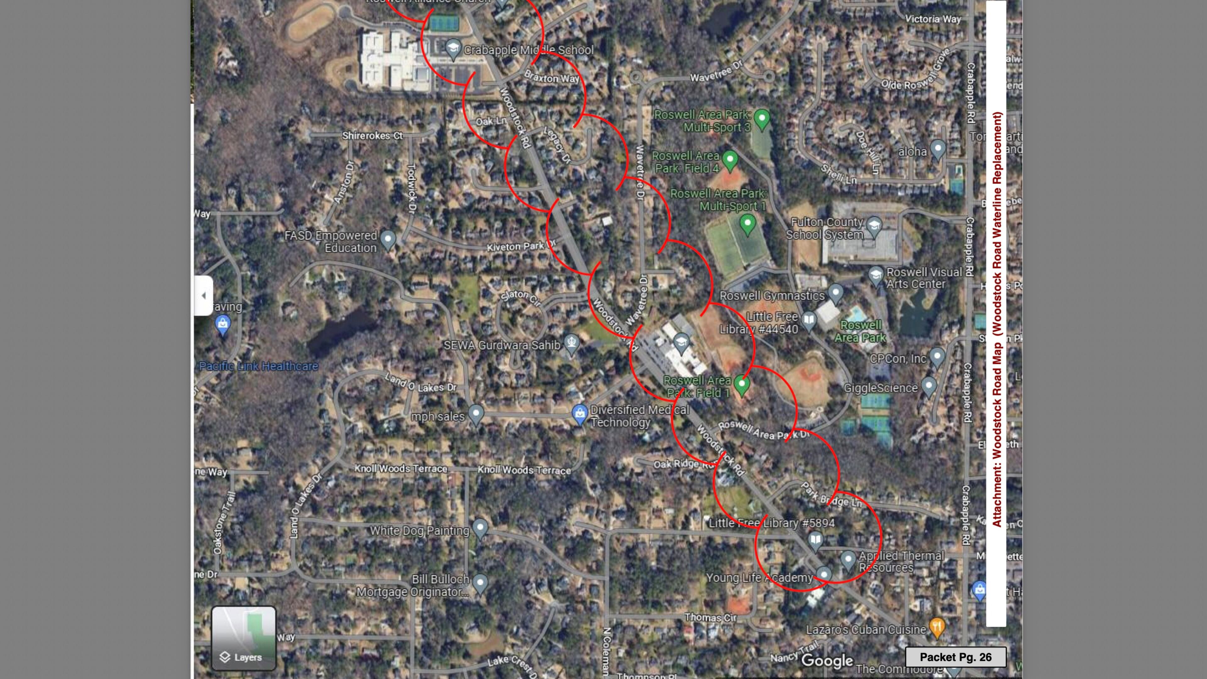Roswell plans to replace the waterline along Woodstock Road, from Fowler Avenue to Allenbrook Lane. Courtesy City of Roswell