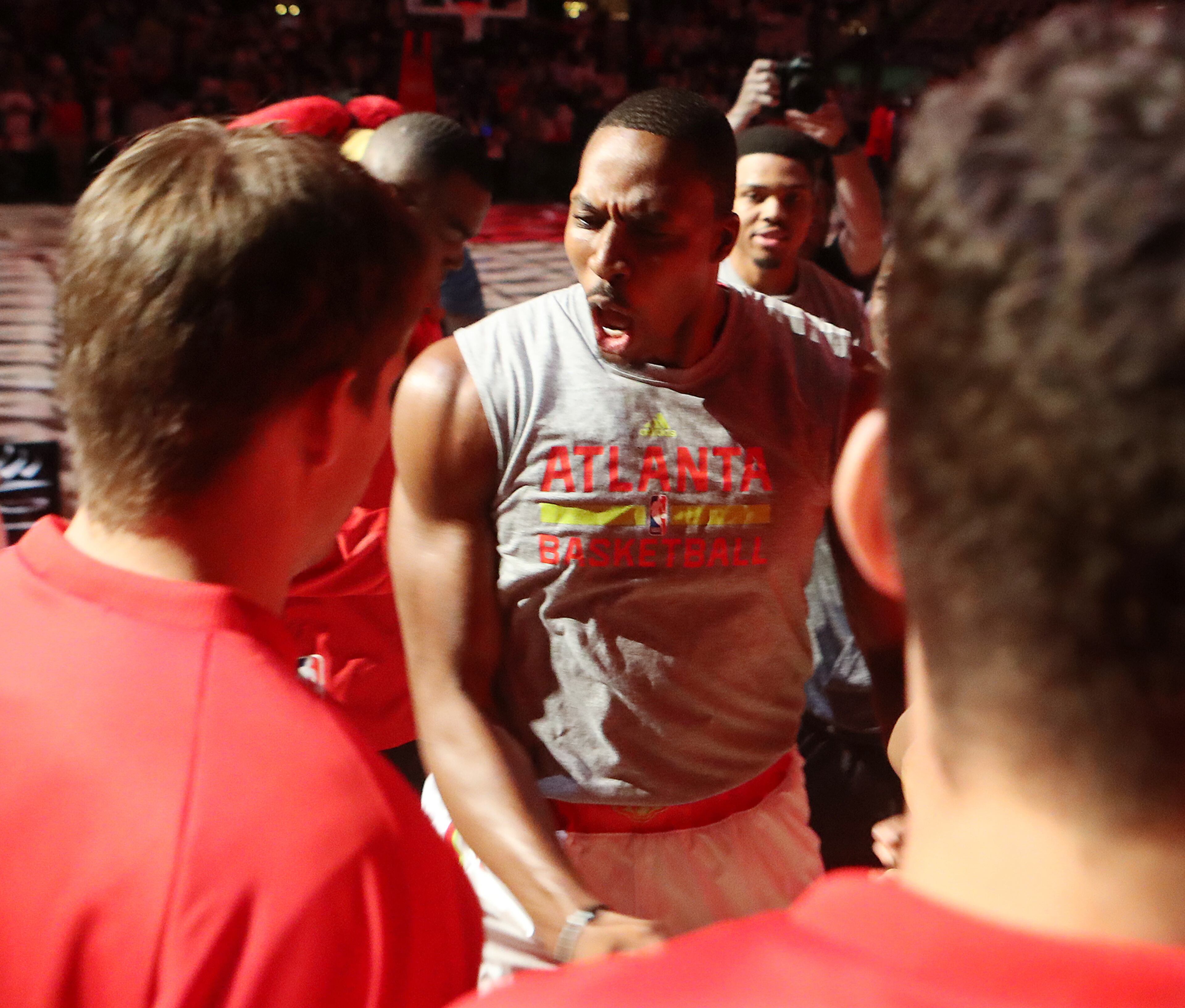 Dwight Howard fires up the Hawks as he takes the court to play the Wizards in the home opener of their NBA basketball game at Philips Arena on Thursday, Oct. 27, 2016, in Atlanta. Curtis Compton /ccompton@ajc.com