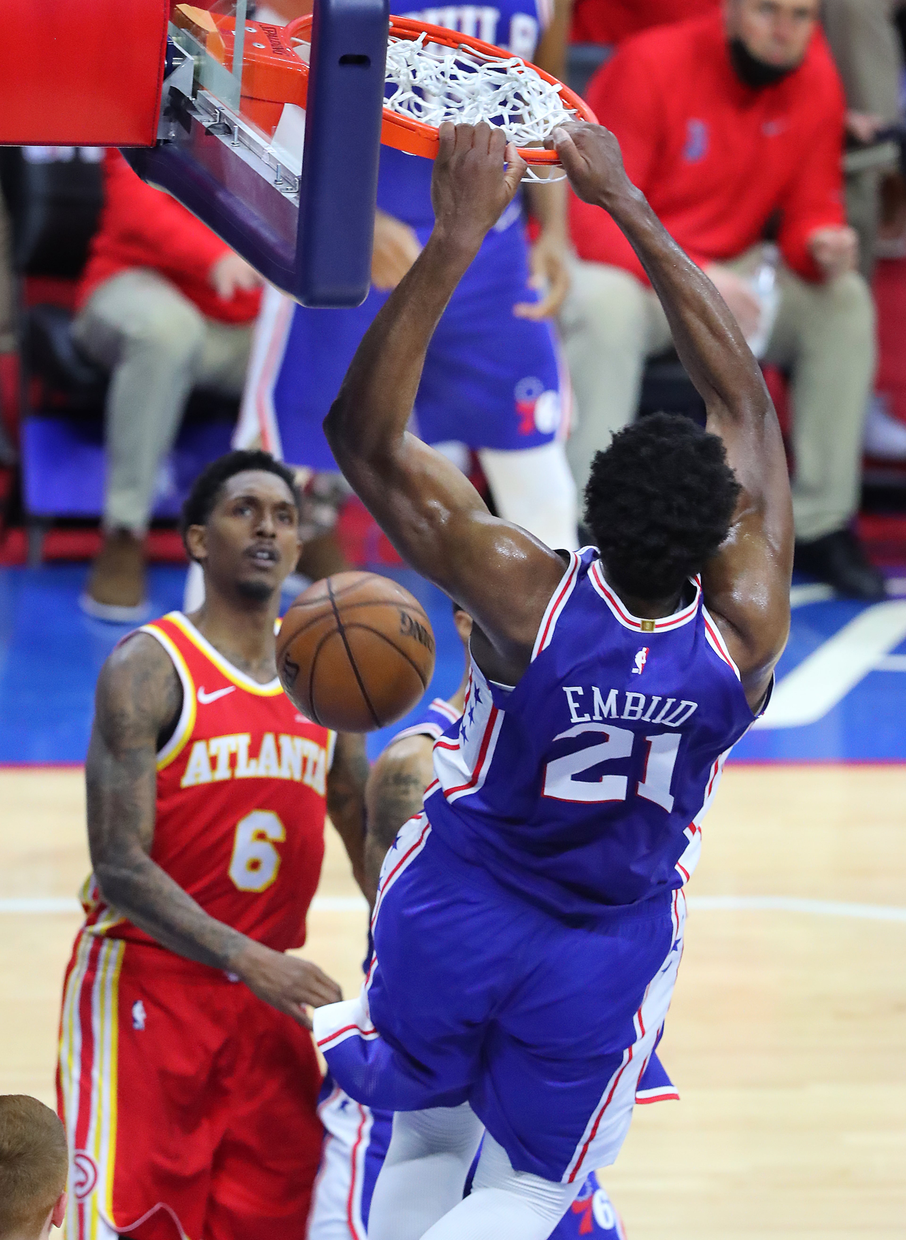 Philadelphia 76ers center Joel Embiid slams in game 2. “Curtis Compton / Curtis.Compton@ajc.com”