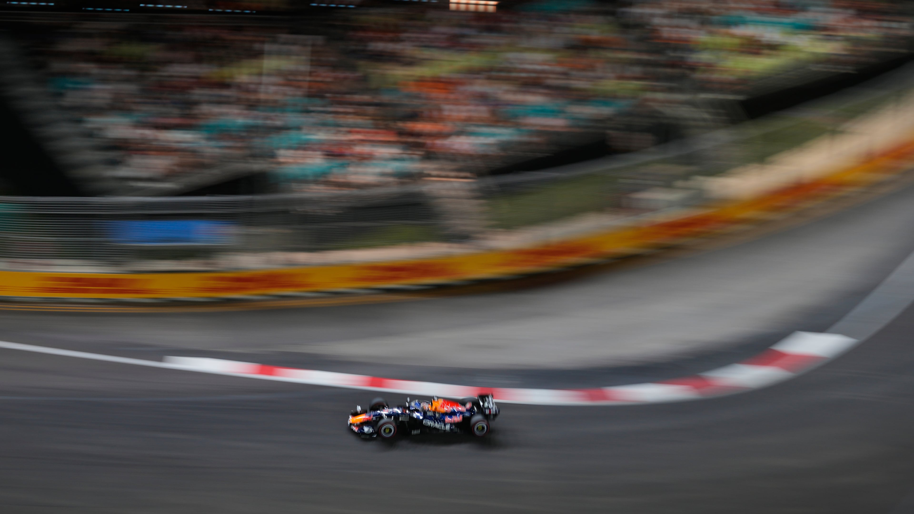 Red Bull driver Max Verstappen of the Netherlands steers his car during the qualifying session ahead of the Singapore Formula One Grand Prix in Singapore, Saturday, Oct. 10, 2026. (AP Photo/Vincent Thian)