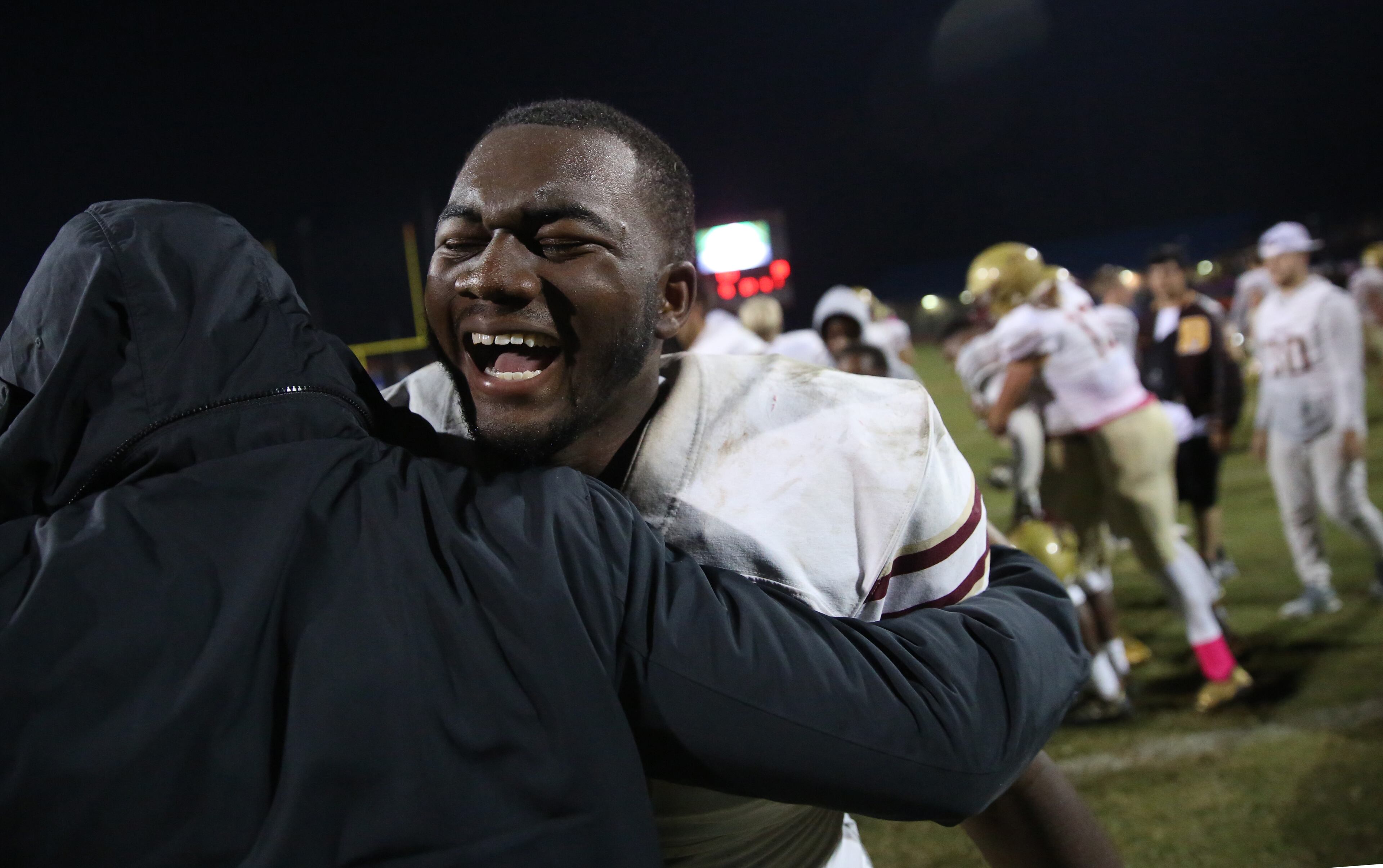 October 20, 2017 - Lilburn, Ga: Brookwood linebacker Amir Berry (7) celebrates their win against Parkview at Parkview High School Friday, October 20, 2017, in Lilburn, Ga.. Brookwood won 30-27. PHOTO / JASON GETZ