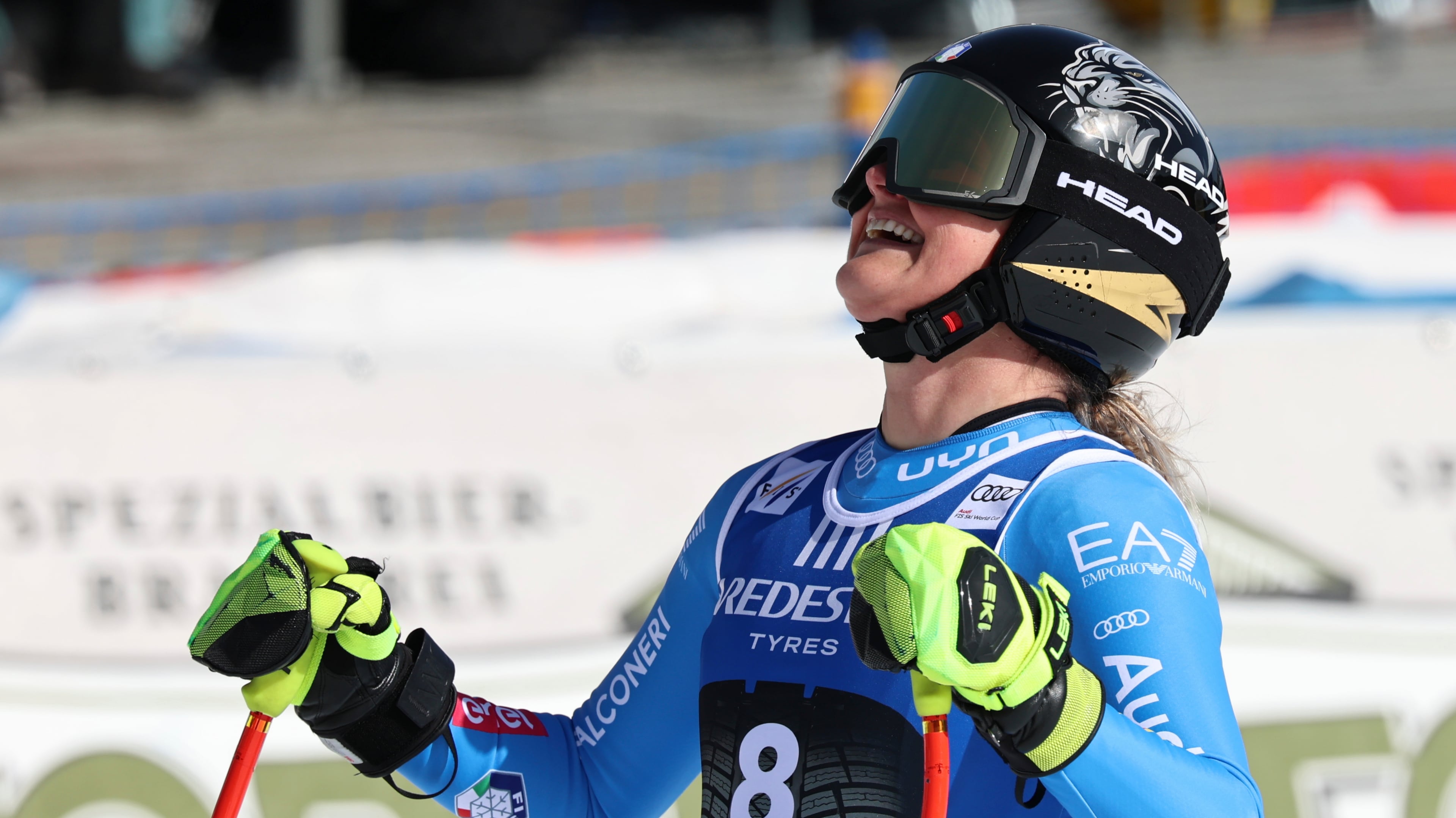 Italy's Laura Pirovano celebrates at the finish area of an alpine ski, women's World Cup downhill, in Val di Fassa, Italy, Friday, February. 27, 2026. (AP Photo/Marco Trovati)