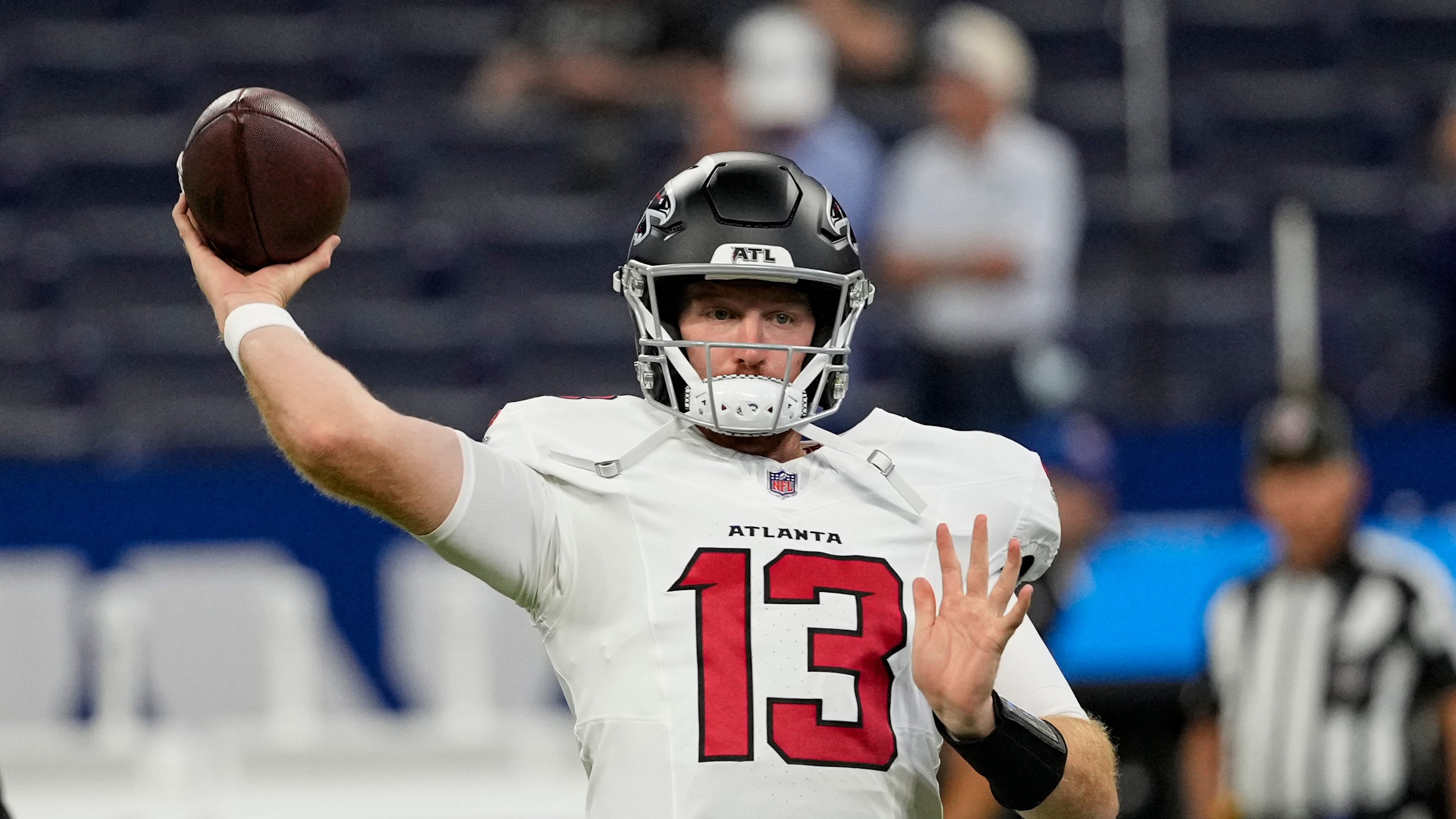 Atlanta Falcons quarterback Cooper Rush (13) throws before the start an NFL football game against the Indianapolis Colts in Indianapolis, Saturday, Aug. 22, 2026. (AP Photo/Nam Y. Huh)