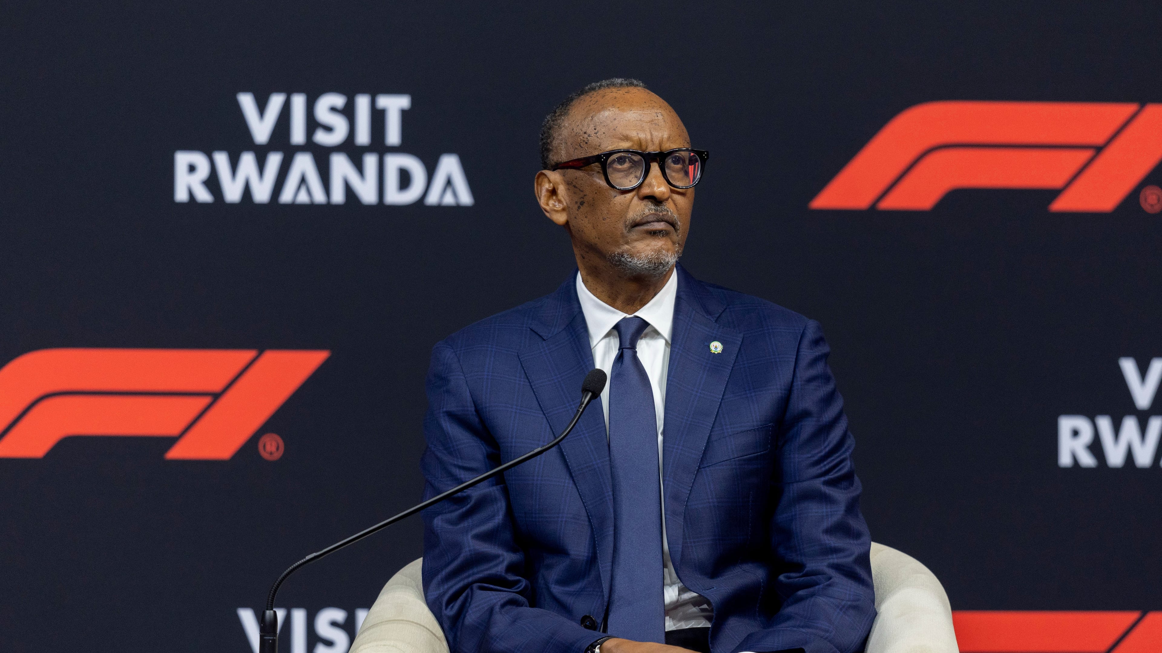 Rwandan president Paul Kagame speaks during an announcement that Formula 1 will return to Africa with a grand prix in the country starting early next decade, in Kigali, Tuesday, Oct. 13, 2026. (AP Photo)