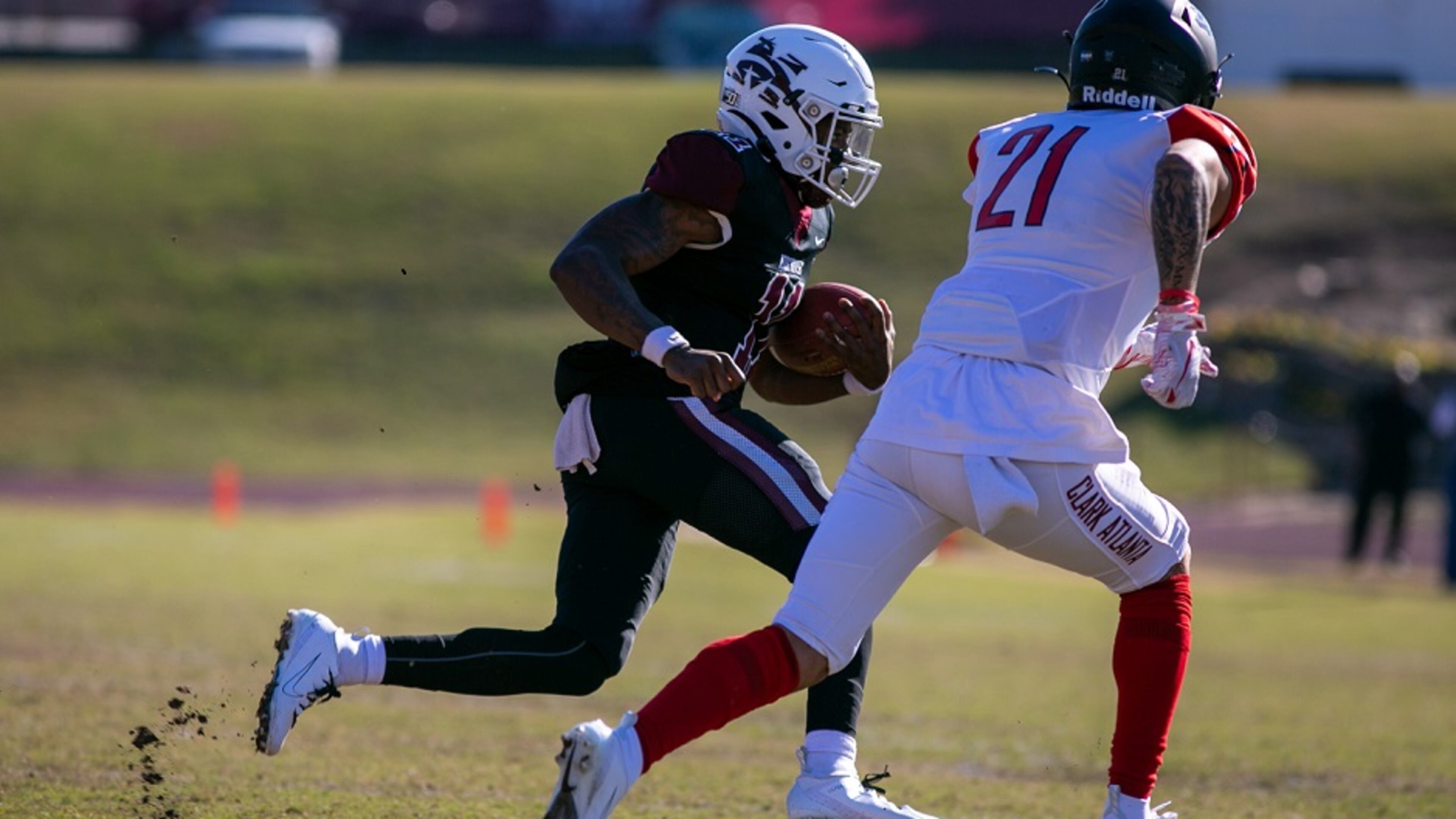 Morehouse quarterback Jalen Brown (11) carries the ball during a game between Morehouse and Clark Atlanta at B.T. Harvey Stadium in Atlanta, Georgia, on Saturday, Nov. 9, 2019. Morehouse defeated Clark Atlanta 40-39. (Photo/Rebecca Wright for the Atlanta Journal-Constitution)