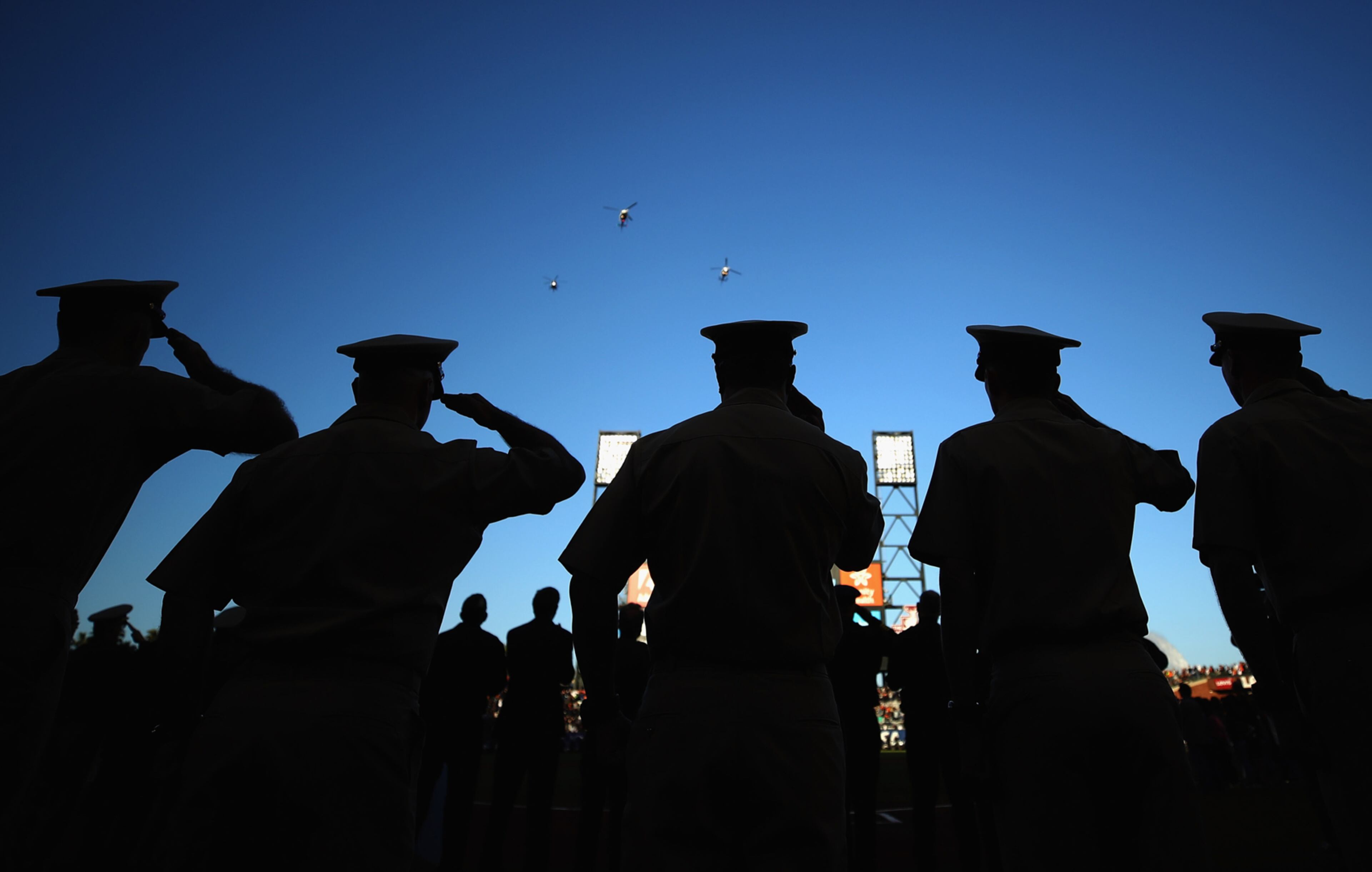 SAN FRANCISCO, CA - JULY 25: Officers stand for the National Anthem during law enforcement appreciation night at AT&T Park before the San Francisco Giants played the Pittsburgh Pirates on July 25, 2017 in San Francisco, California. (Photo by Ezra Shaw/Getty Images) *** BESTPIX ***