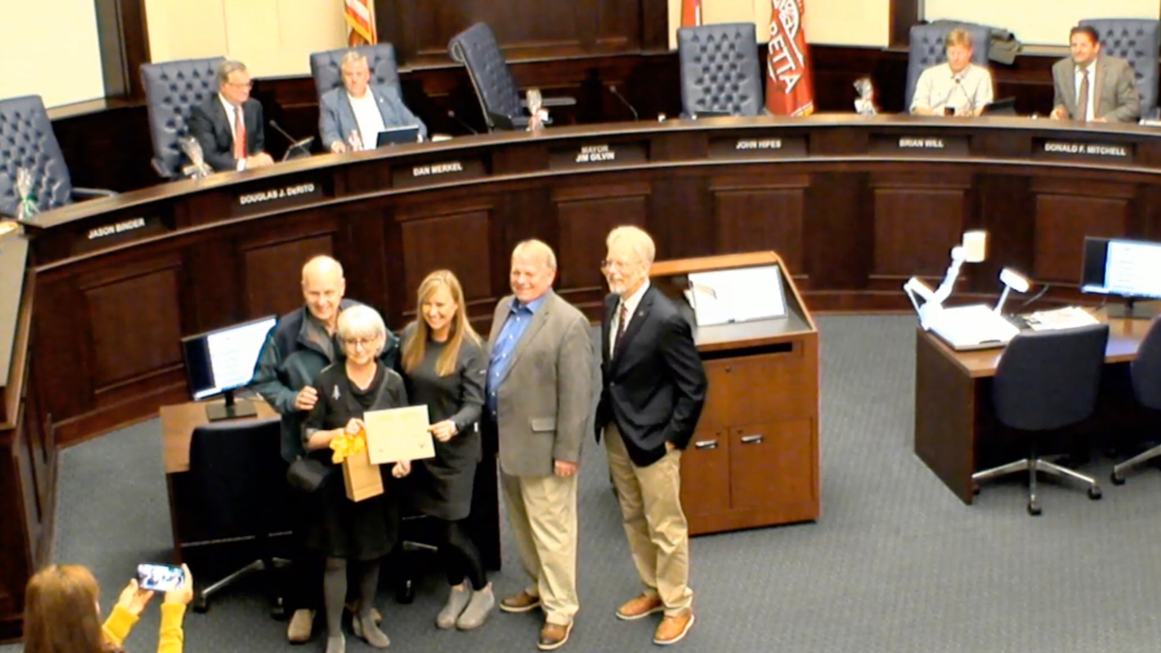 Donors who helped raise funds for the Bees Needs fundraiser in Alpharetta were recently recognized at a city council meeting including including Bev Shiotelis, Jessica Jackson and Rae Shepard, Melanie Bailey, Whitney Cresci, Deborah Honan, Elle and Lauren Batchelor, Judith Dovers, Sally, Ian and Jemma Rose, Randall Kent and Anthony DeLong, Tiffany Jansen and Andrea Stalemark. COURTESY CITY OF ALPHARETTA