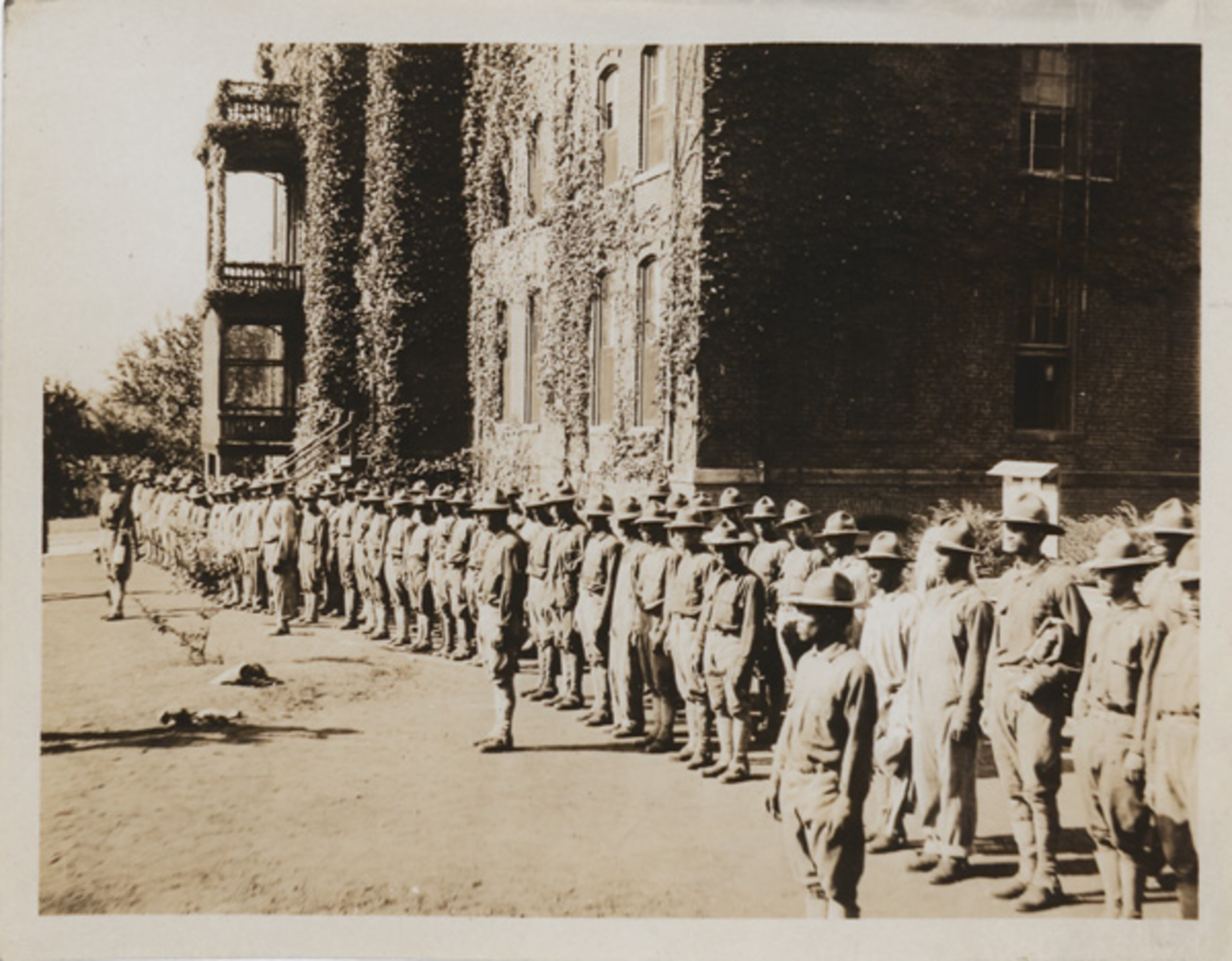 Another view of the morning roll call for soldiers housed on the Atlanta University campus during World War I.