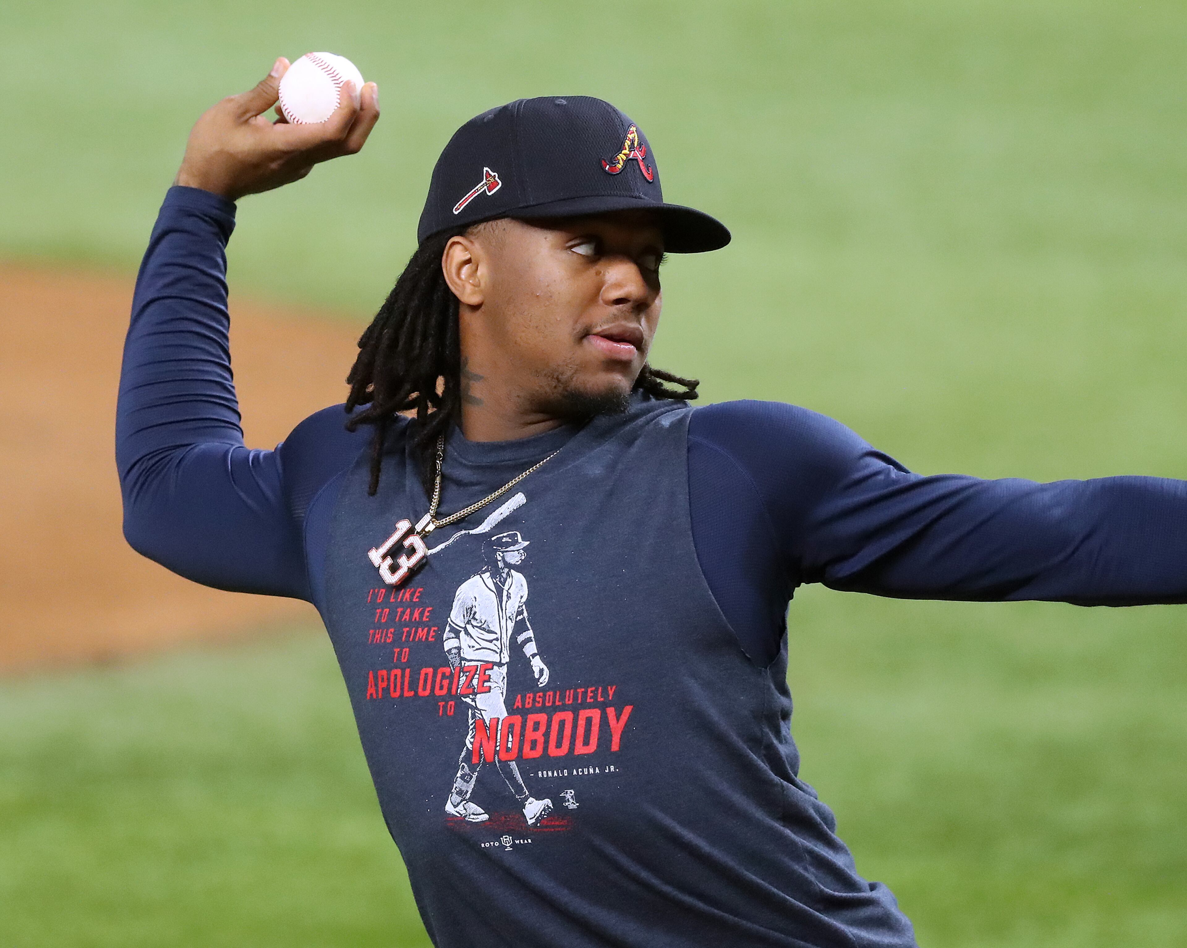 Braves outfielder Ronald Acuna works out Sunday, Oct. 11, 2020, in a shirt bearing his unapologetic quote from the NLDS series against Miami stating: "I’d like to take this time to apologize to absolutely nobody." Acuna and the Braves prepared to face the Los Angeles Dodgers in the National League Championship Series at Globe Life Field in Arlington, Texas. (Curtis Compton / Curtis.Compton@ajc.com)
