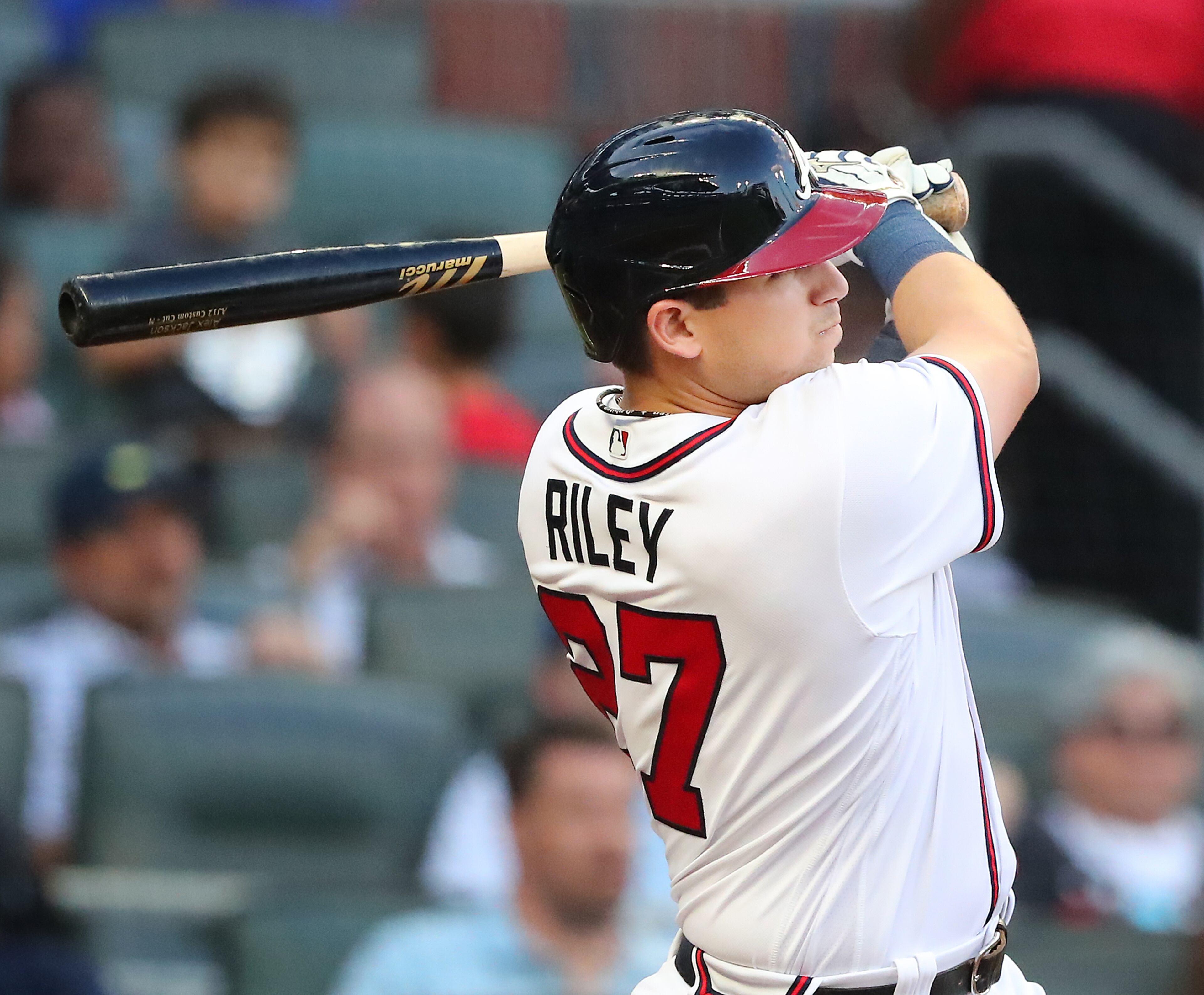 Braves third baseman Austin Riley hits a home run to take a 4-0 lead over the Chicago Cubs during the first inning in a MLB baseball game on Wednesday, April 28, 2021, in Atlanta. “Curtis Compton / Curtis.Compton@ajc.com”
