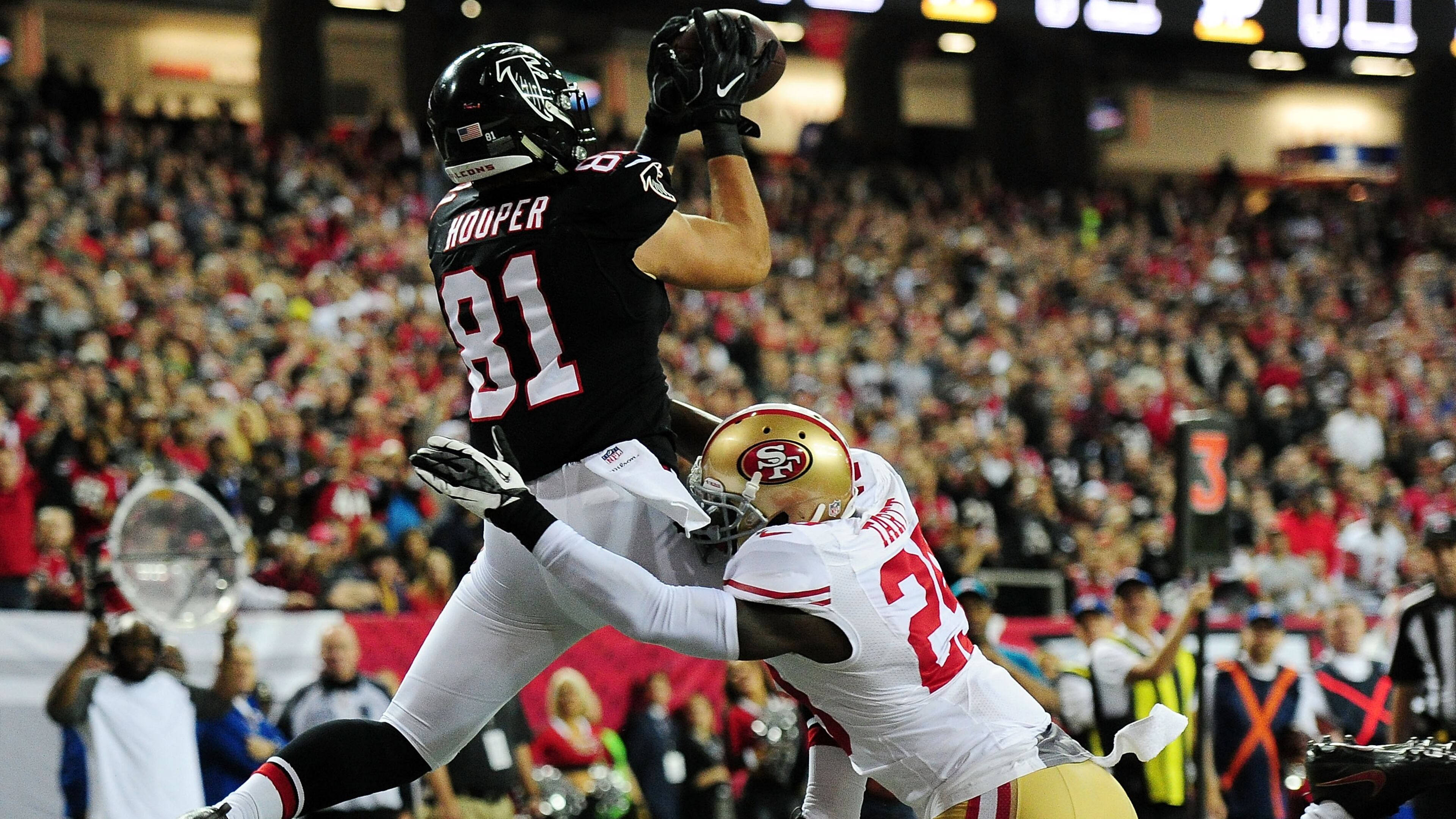 Austin Hooper's touchdown grab over San Francisco's Jaquiski Tartt during the first half, plus the extra-point kick, gave the Falcons 449 points for the season, surpassing the team mark of 442 set during the 1998 season.