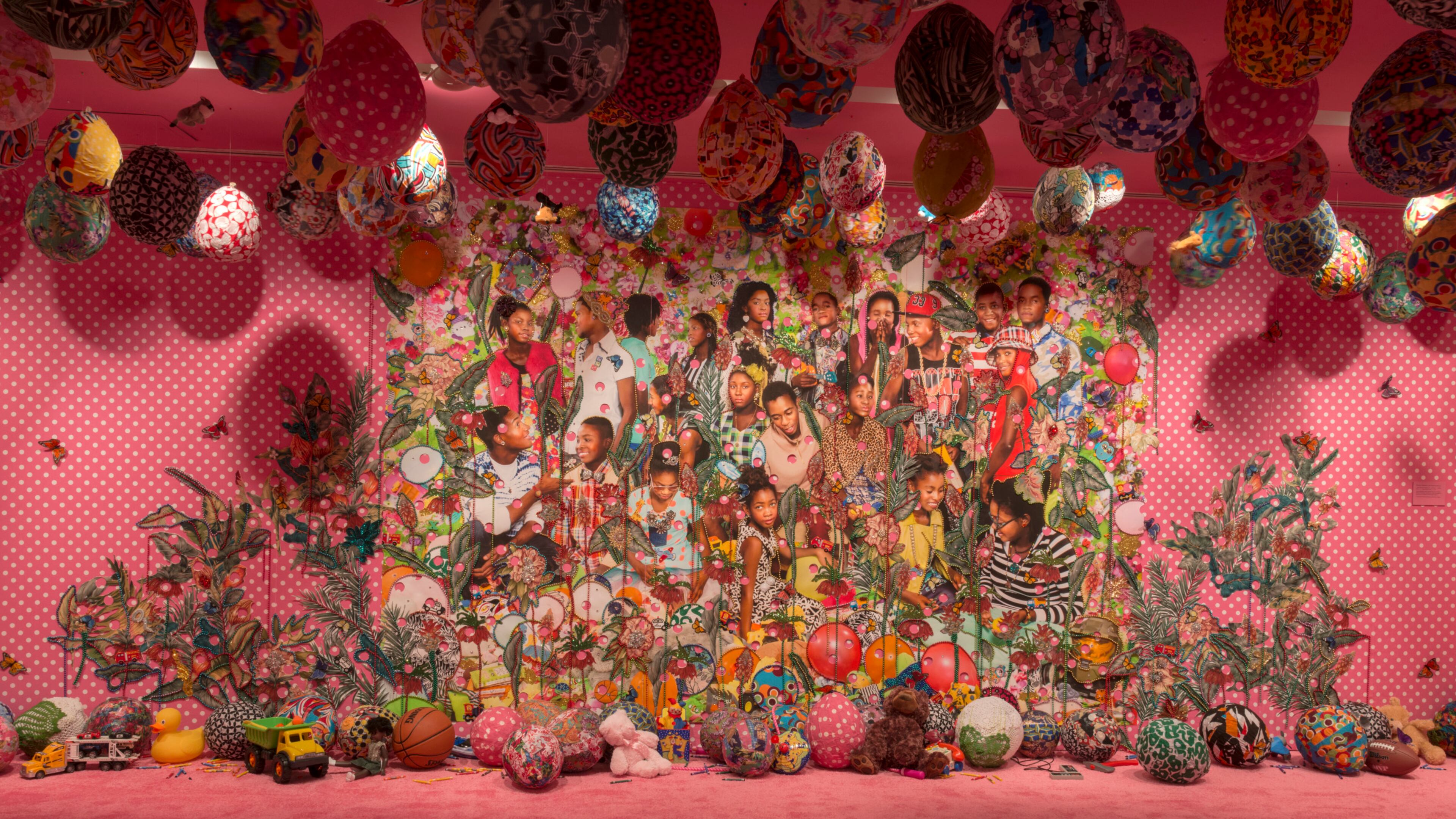 Ebony G. Patterson's installation " . . . .they were just hanging out . . . you know . . . talking about . . . (. . . when they grow up . . .)," ( 2016), beads, appliqués, fabric, glitter, buttons, costume jewelry, trimming, rhinestones, glue, and digital prints
Courtesy of High Museum of Art / Adam Reich