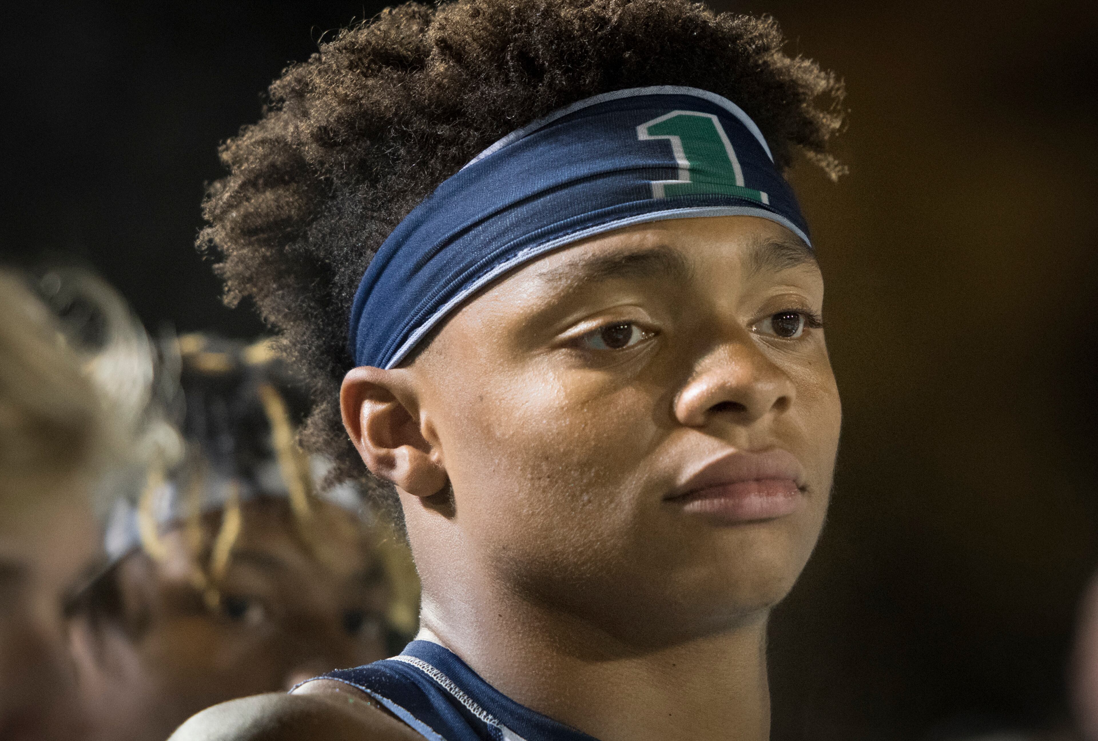Harrison quarterback Justin Fields watches from the sideline after coming out of the football game against Dalton during the second half on Thursday, Oct. 19, 2017, in Kennesaw, Ga. (Special to the Atlanta Journal-Constitution, John Amis )